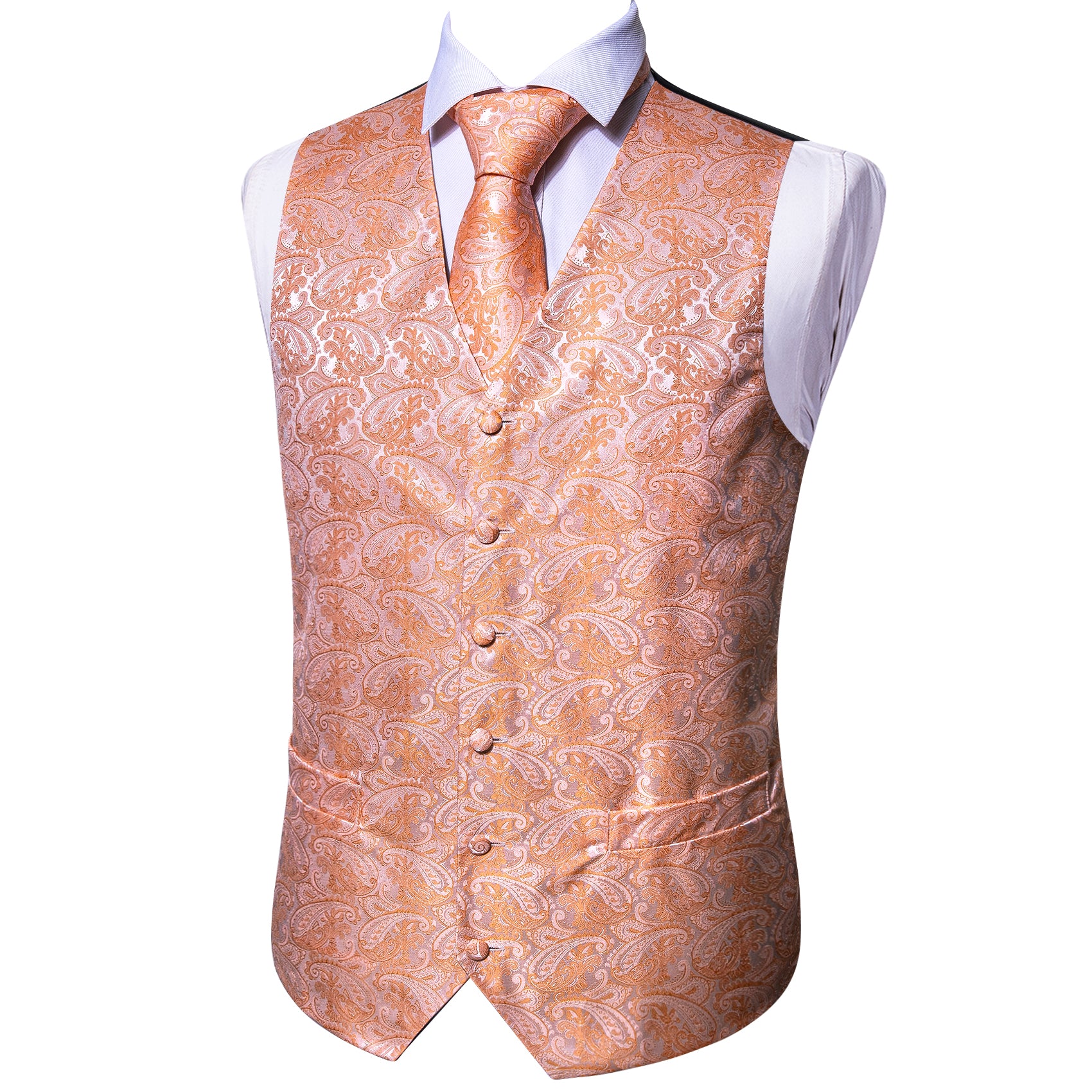 Orange Paisley Silk Vest Necktie Pocket square Cufflinks