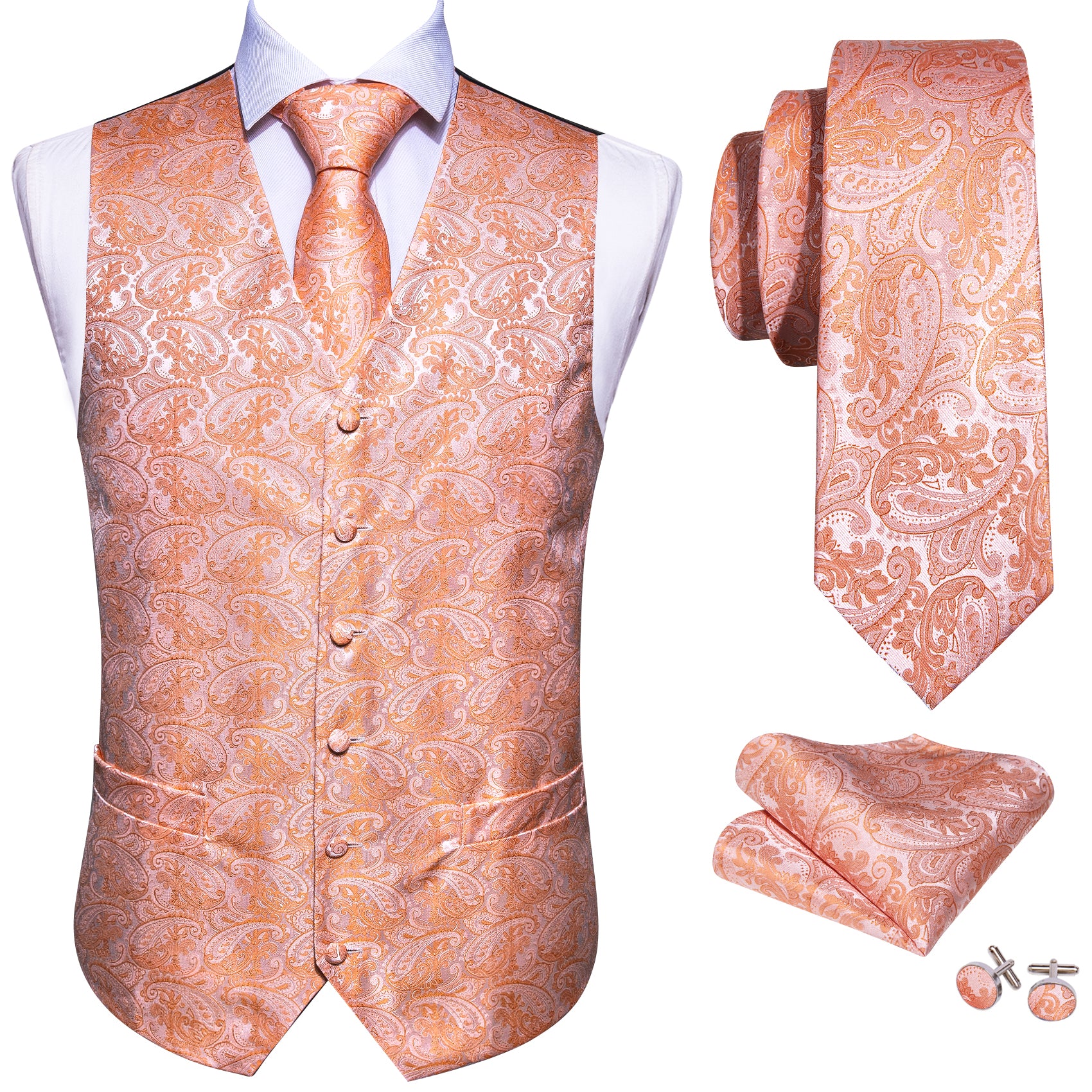 Orange Paisley Silk Vest Necktie Pocket square Cufflinks