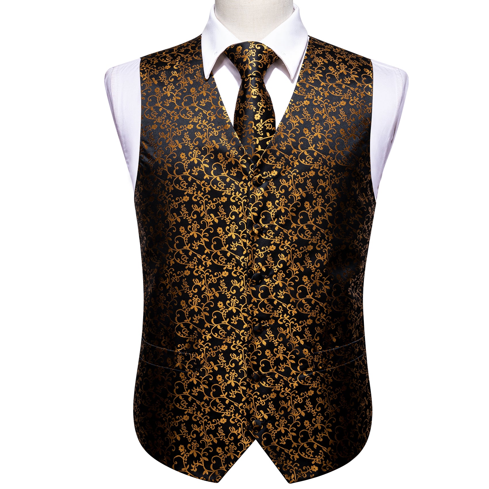 Black Gold Floral Silk Vest Necktie Pocket Square Cufflinks Set
