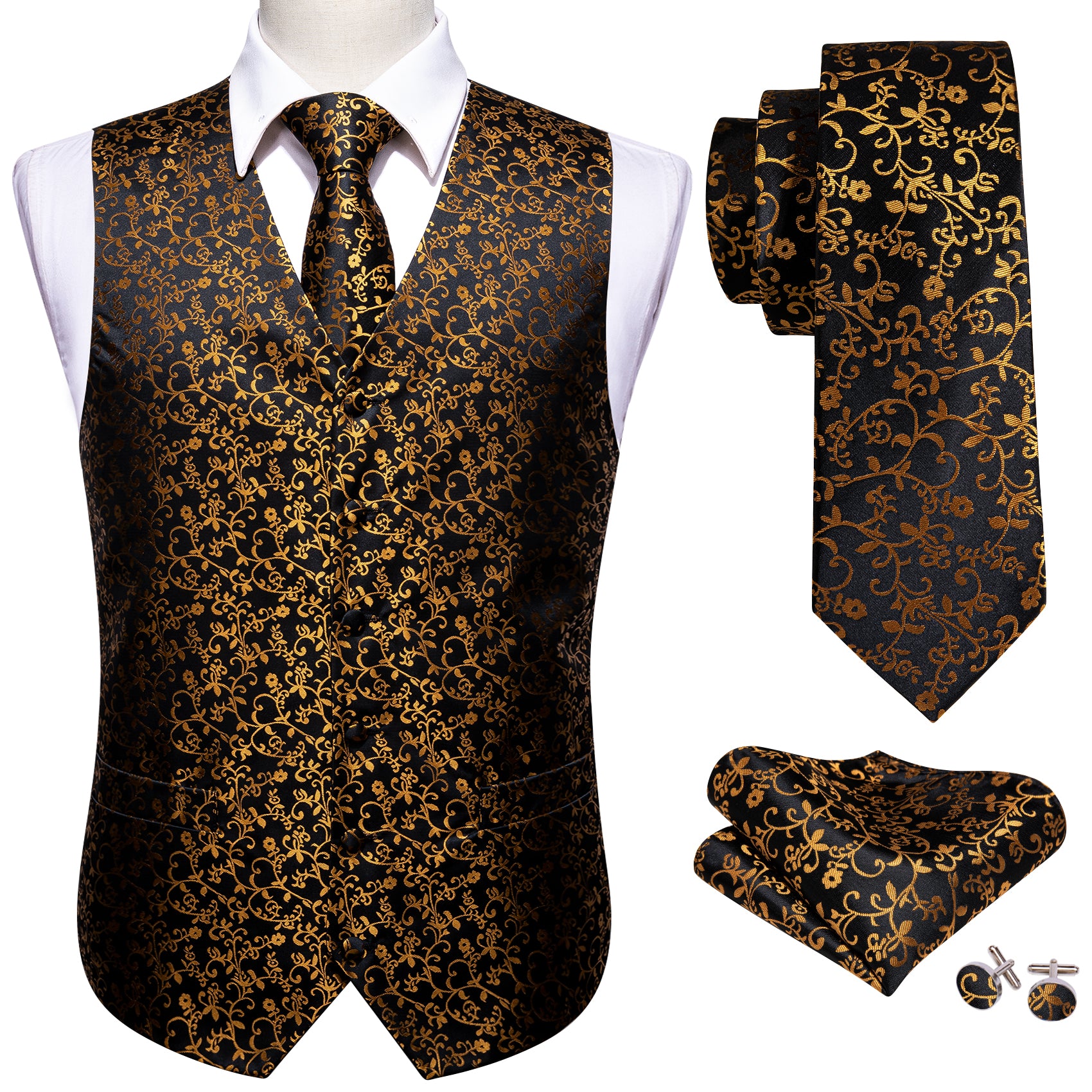 Black Gold Floral Silk Vest Necktie Pocket Square Cufflinks Set