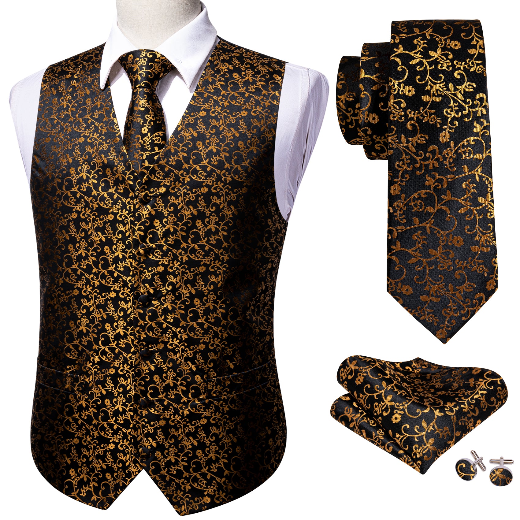 New Black Gold Floral Silk Vest Necktie Pocket Square Cufflinks Set