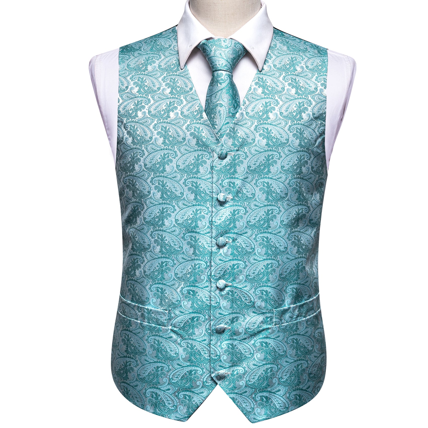 Light Blue Paisley Silk Vest Necktie Pocket Square Cufflinks Set