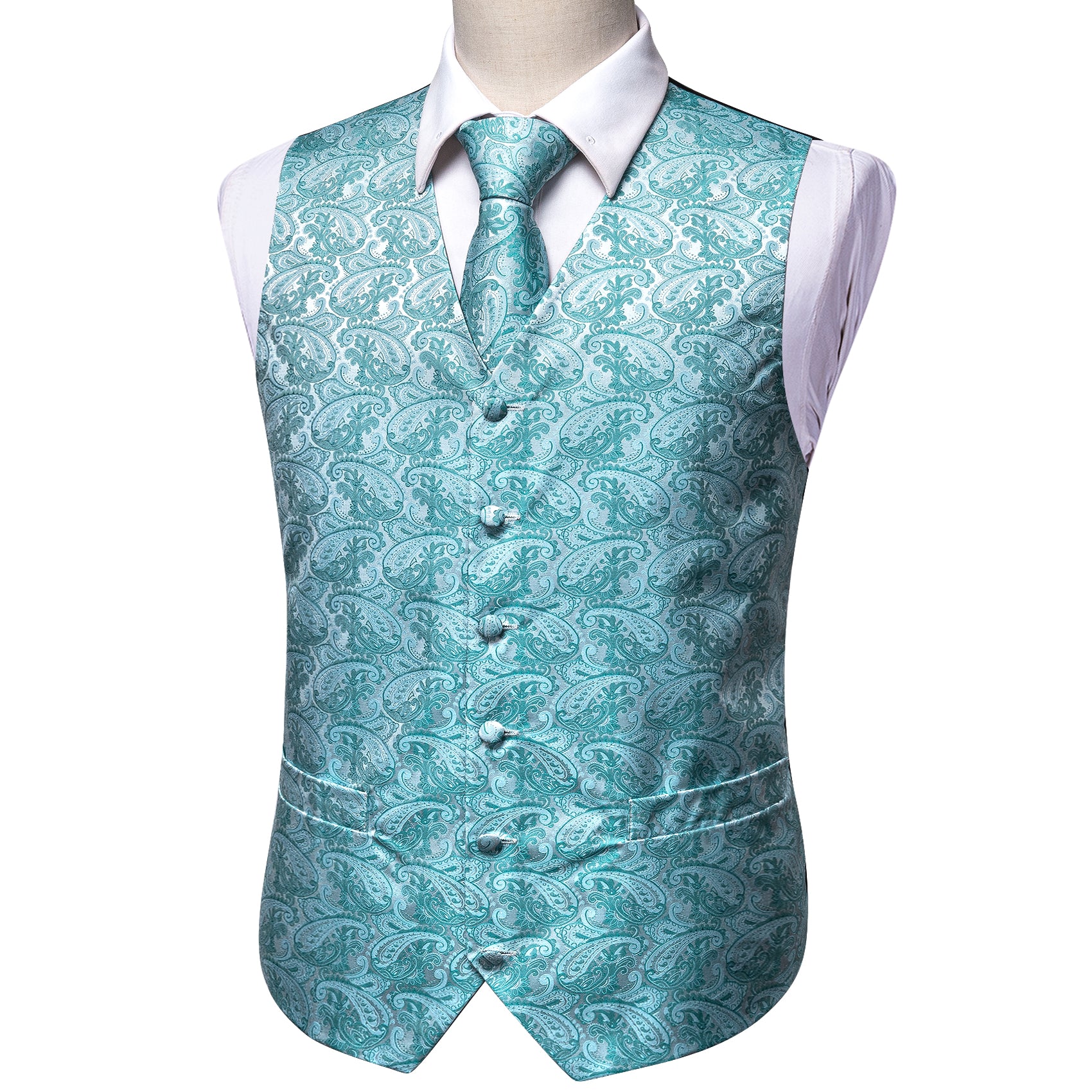 Light Blue Paisley Silk Vest Necktie Pocket Square Cufflinks Set