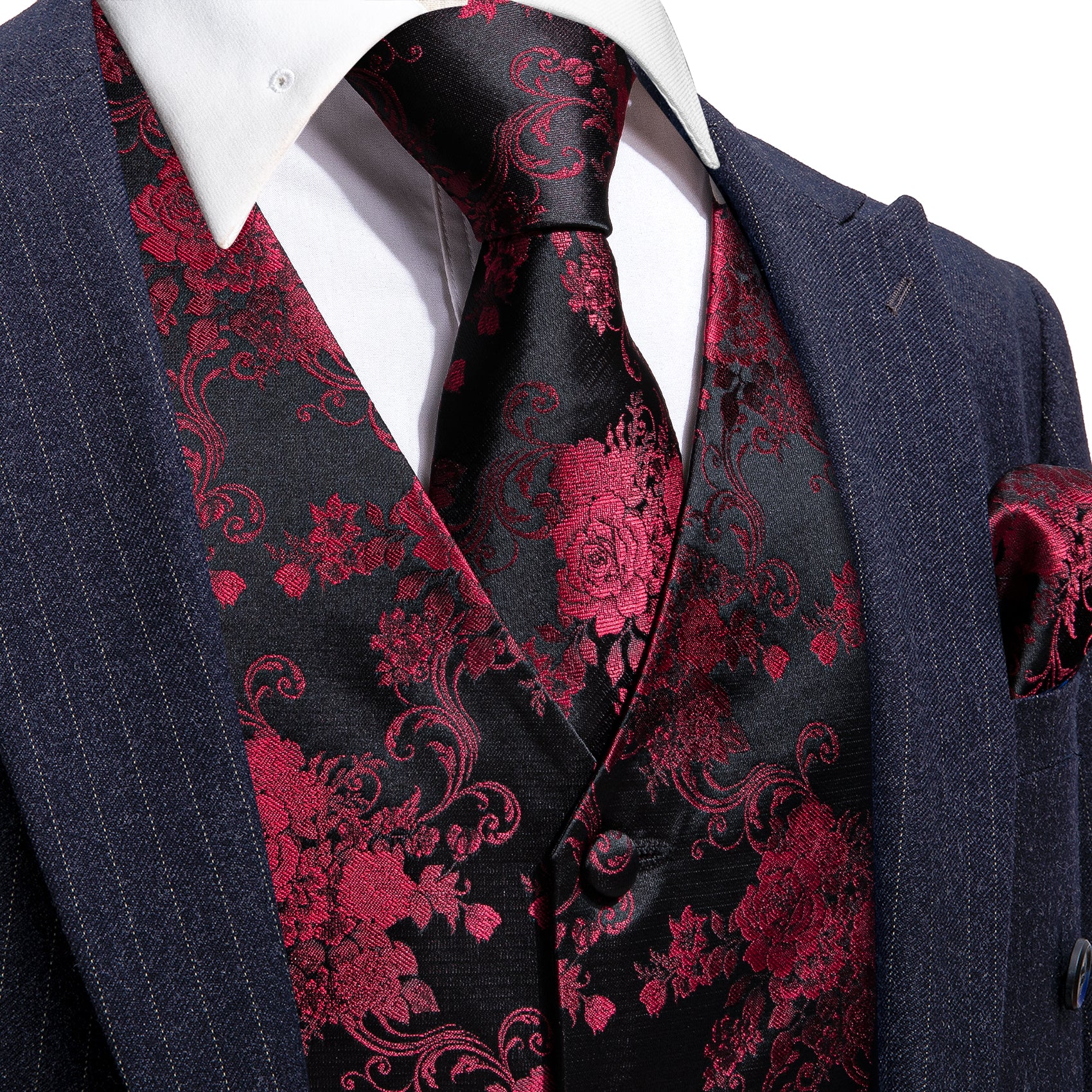 burgundy dress shirt with black vest Designer Satin Burgundy Black Tuxedo Wedding Suit Floral Pattern Vest Shirt Slim