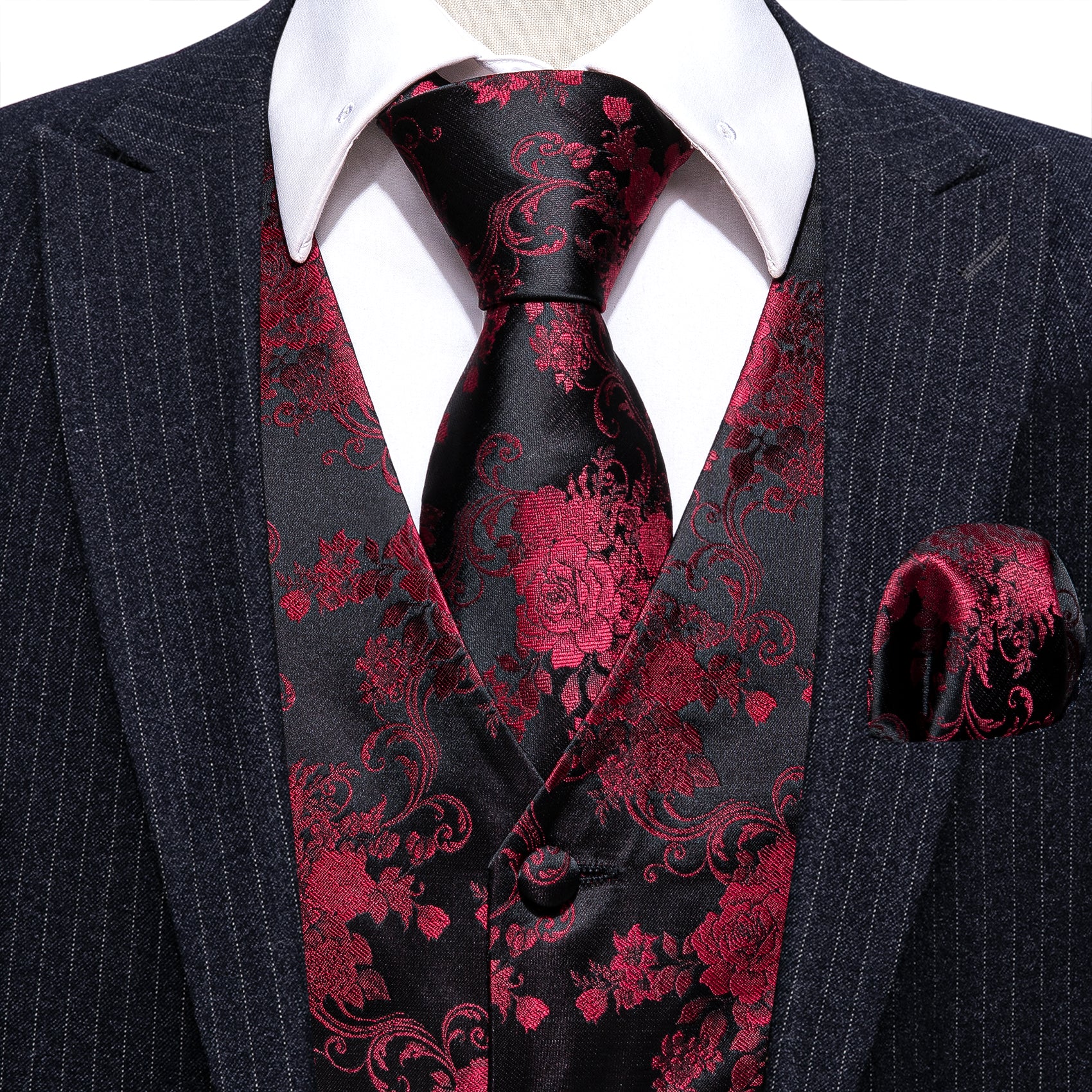 Black Red Flower Silk Vest Necktie Pocket Square Cufflinks Set