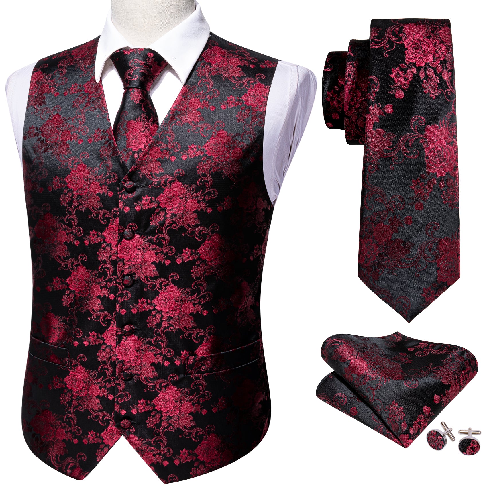 Black Red Flower Silk Vest Necktie Pocket Square Cufflinks Set