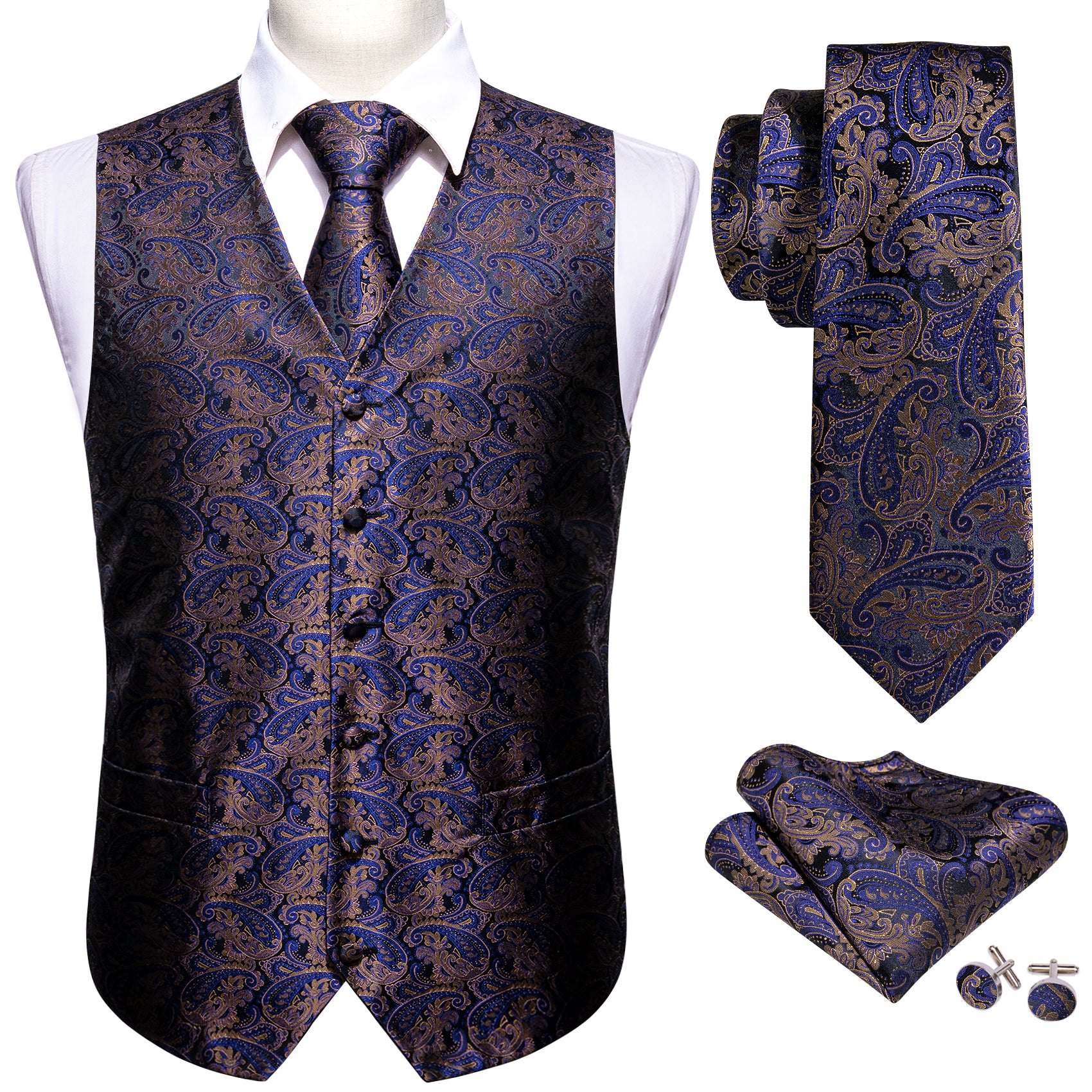 Blue Gold Paisley Silk Vest Necktie Pocket Square Cufflinks Set