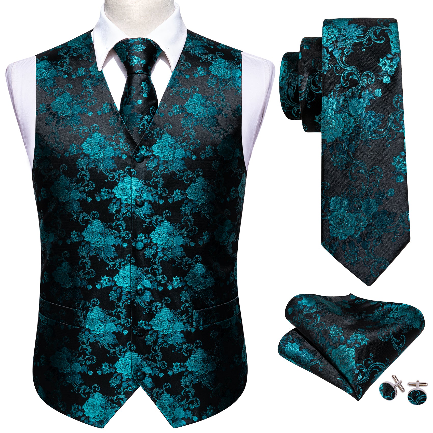 Black Blue Floral Silk Vest Necktie Pocket Square Cufflinks Set