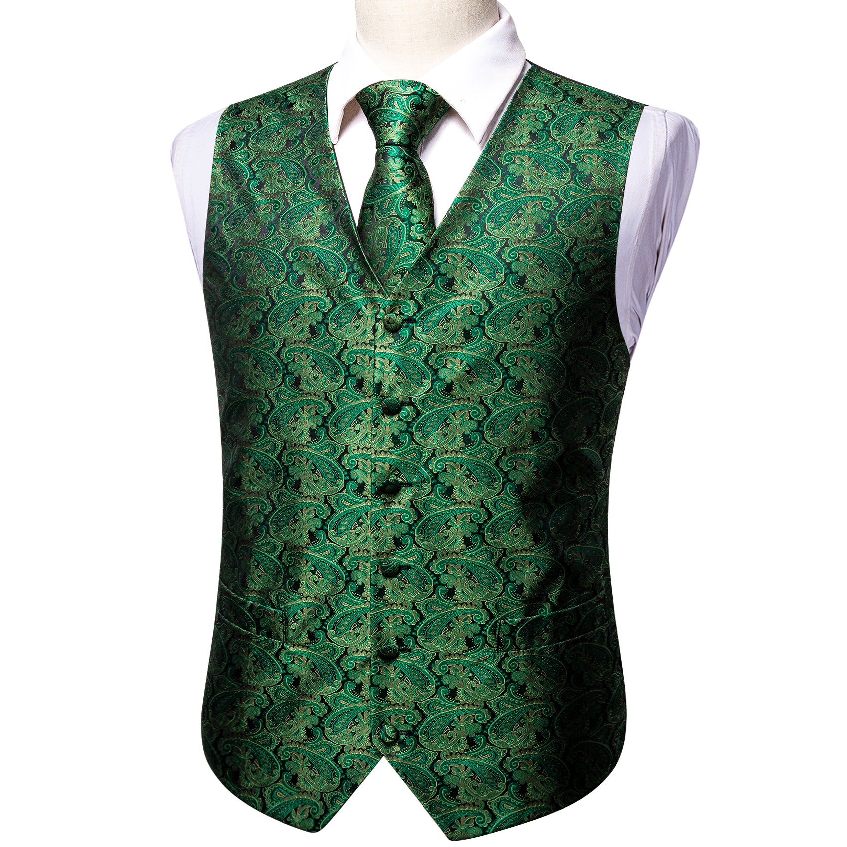 Green Paisley Silk Vest Necktie Pocket Square Cufflinks Set