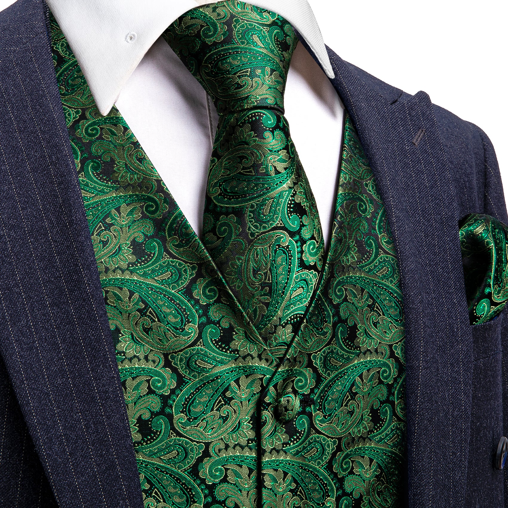 Green Paisley Silk Vest Necktie Pocket Square Cufflinks Set