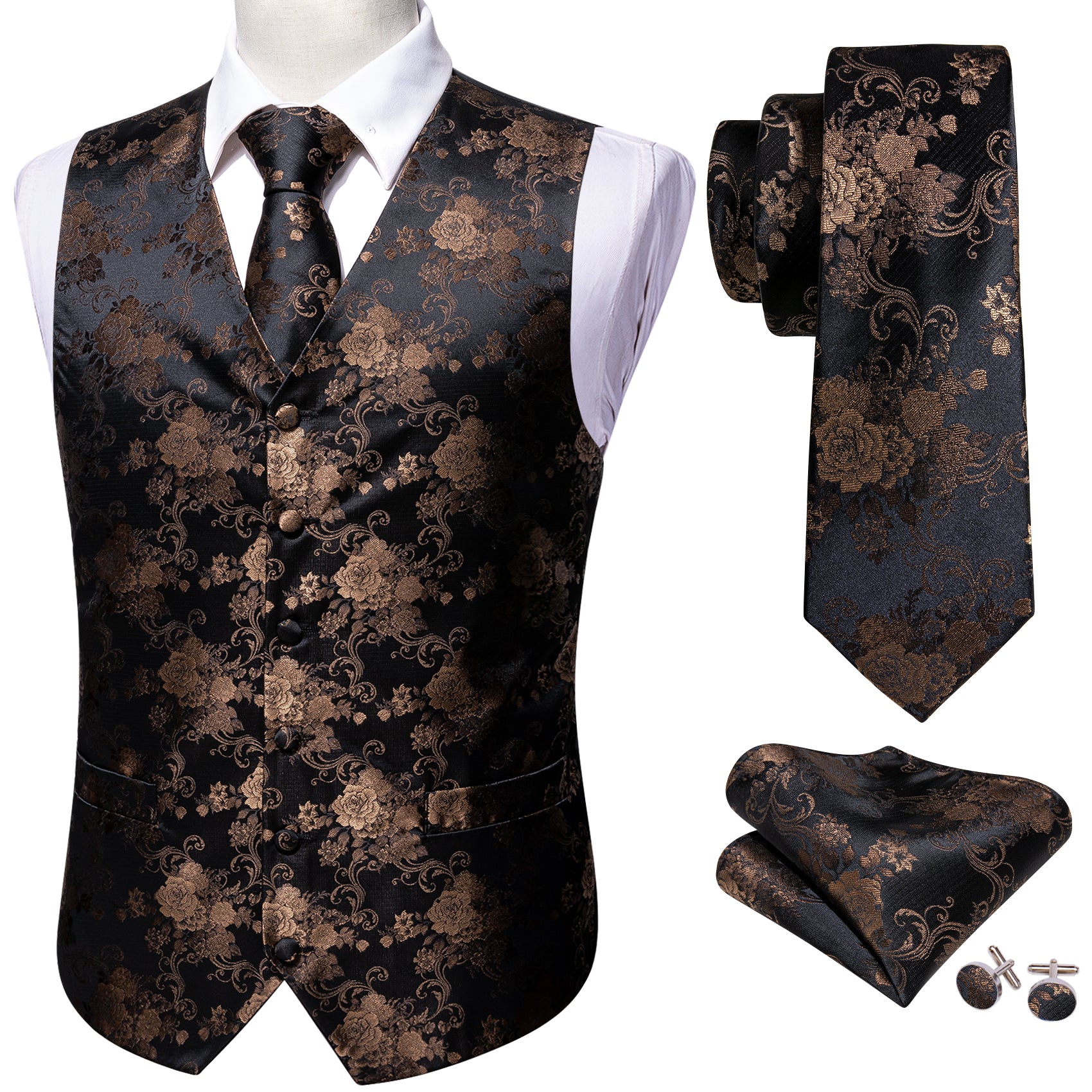 Fashion Black Gold Floral Silk Vest Necktie Pocket Square Cufflinks Set