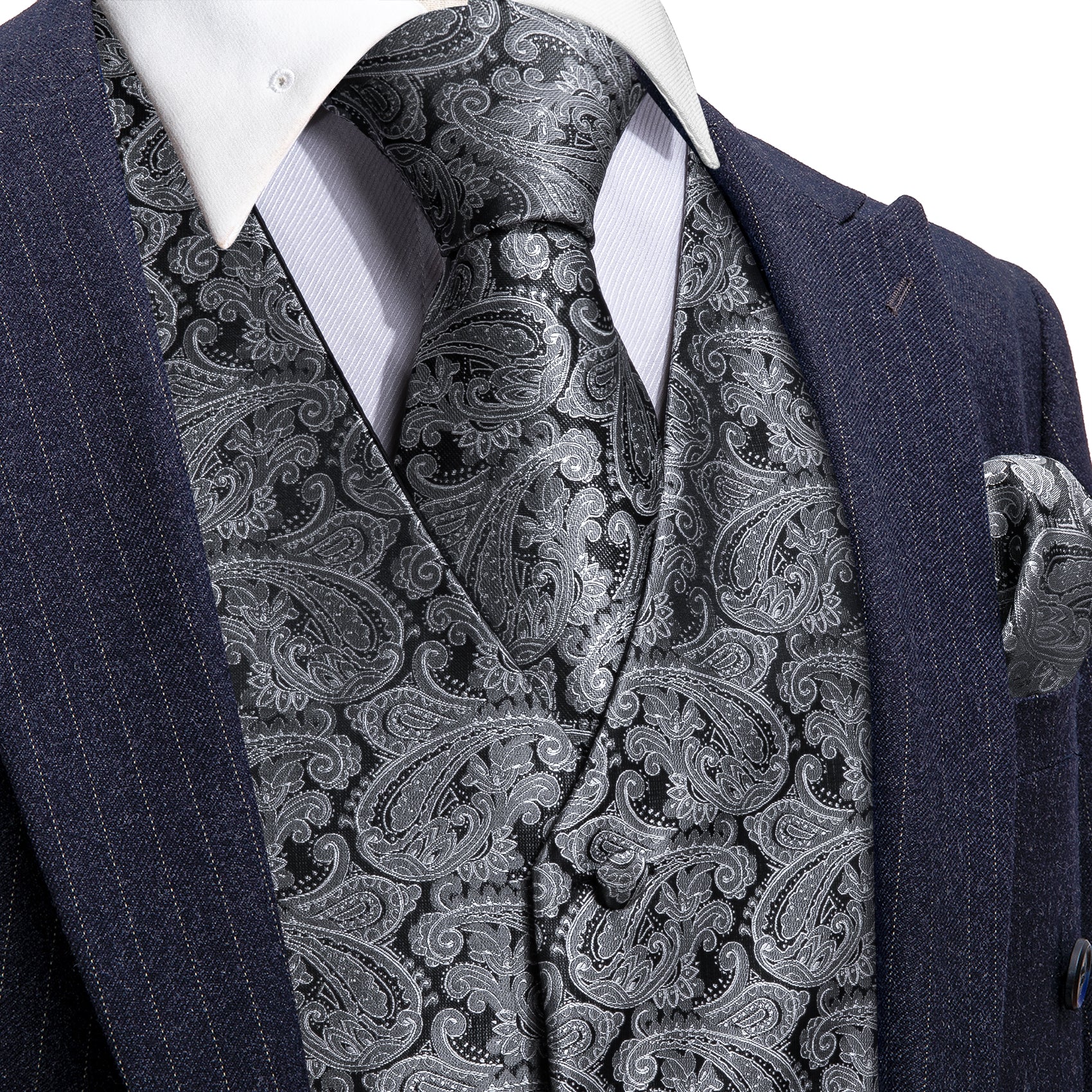 Grey Black Paisley Silk Vest Necktie Pocket square Cufflinks