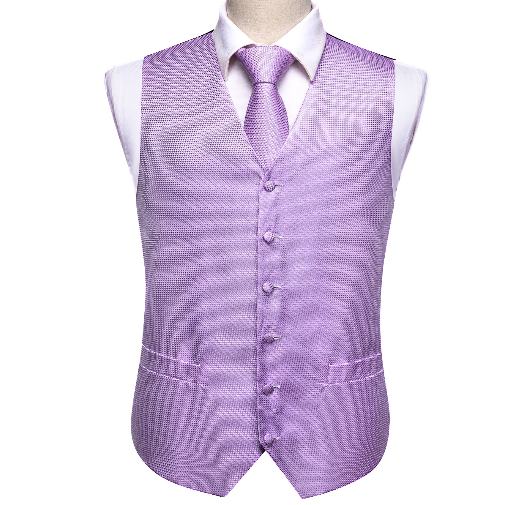 Purple Solid Silk Vest Necktie Pocket Square Cufflinks Set