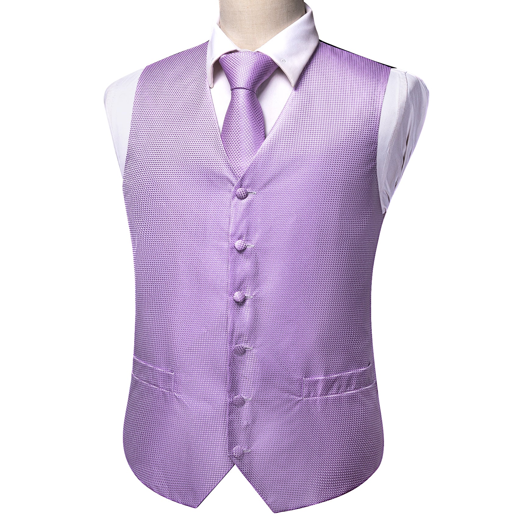 Purple Solid Silk Vest Necktie Pocket Square Cufflinks Set