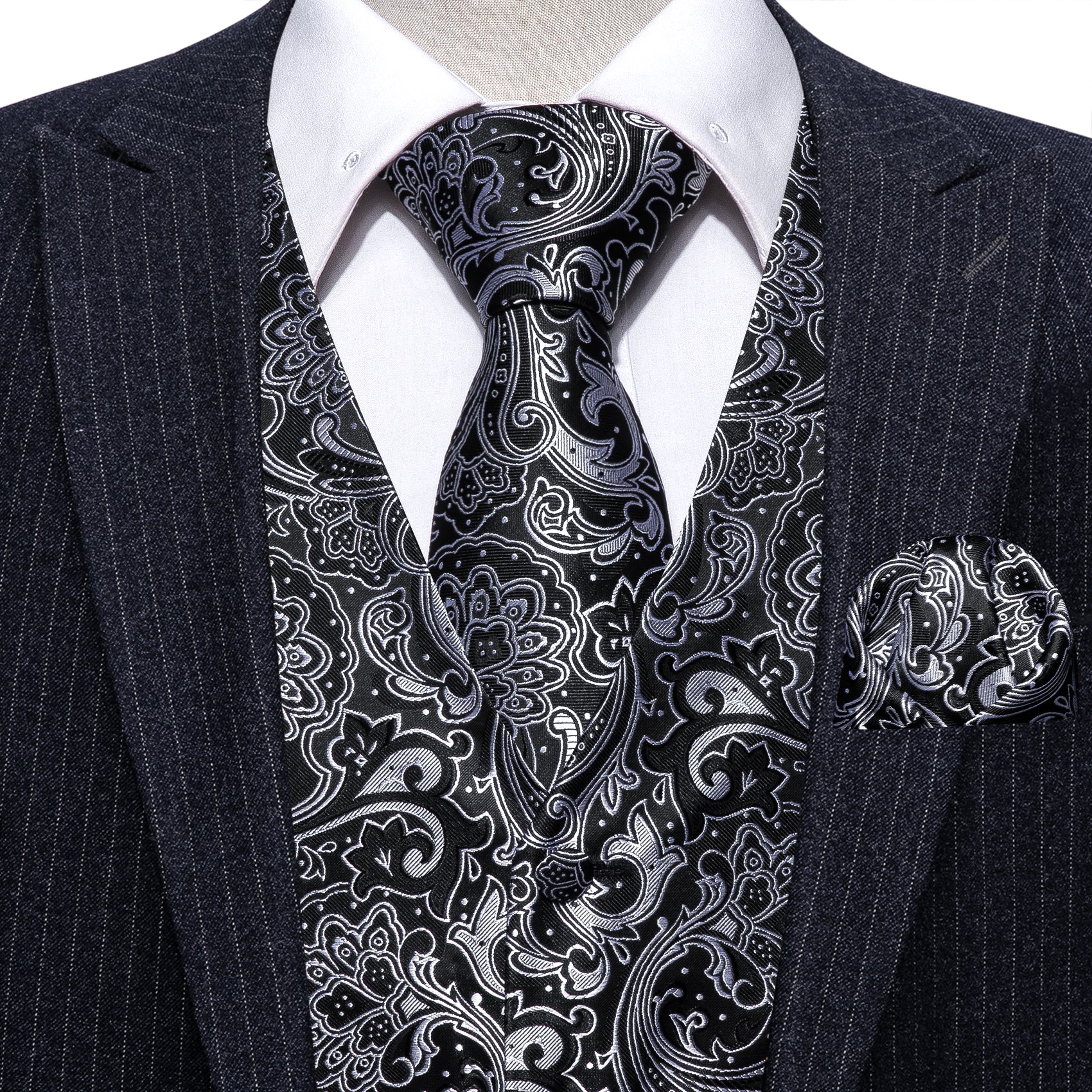 Black White Paisley Silk Vest Necktie Pocket Square Cufflinks Set