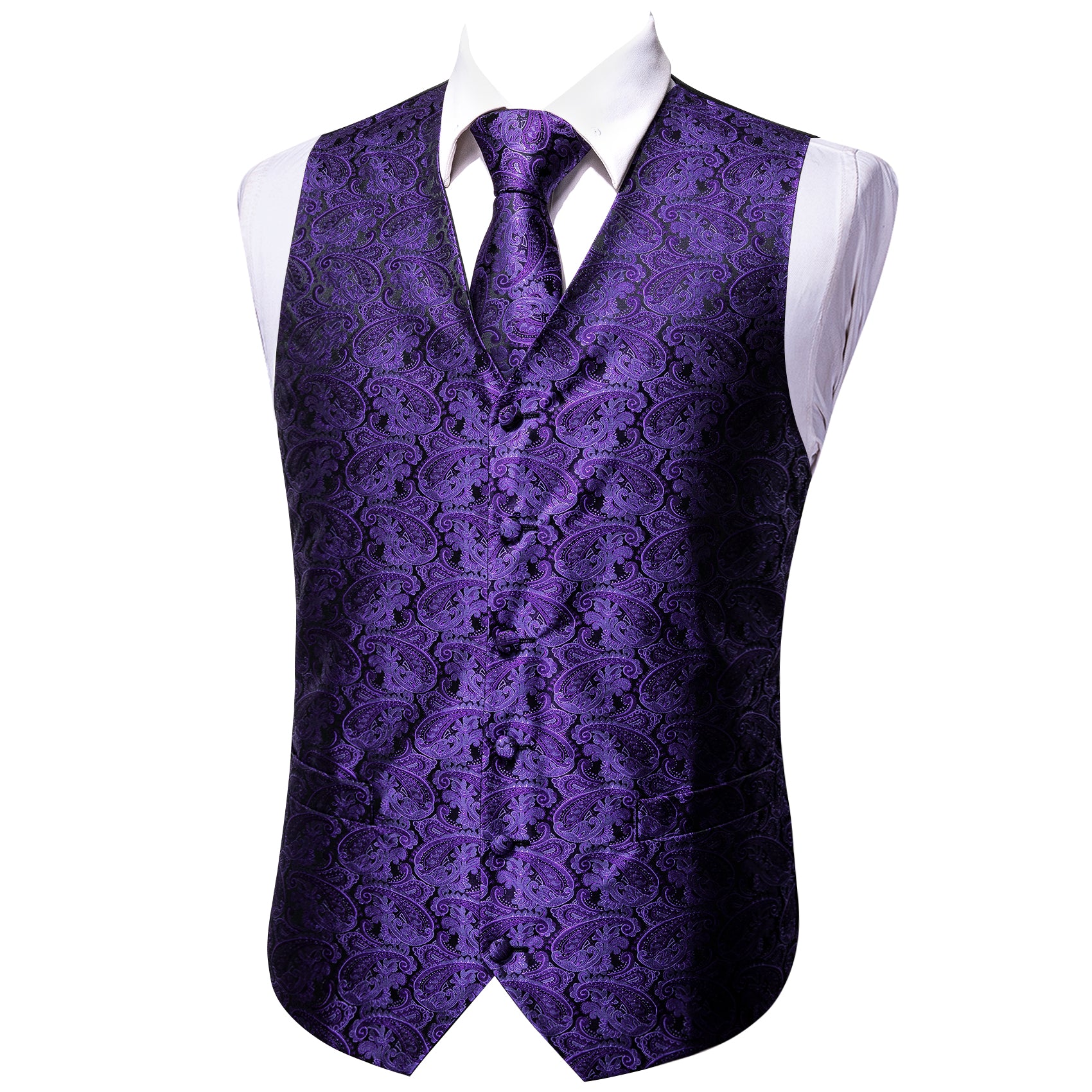 Purple Paisley Silk Vest Necktie Pocket square Cufflinks Set