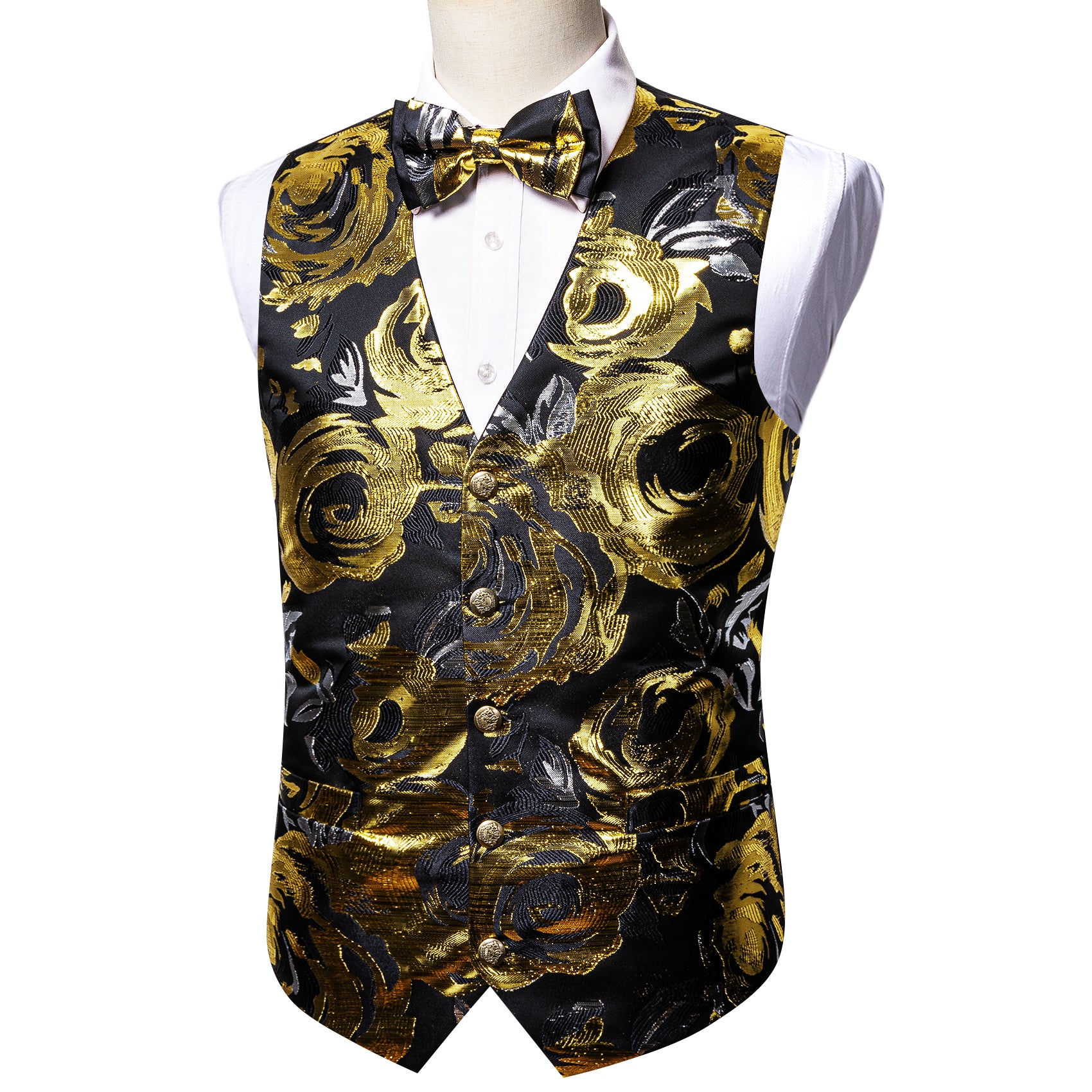 Black Yellow Paisley Silk Vest Bowtie Set