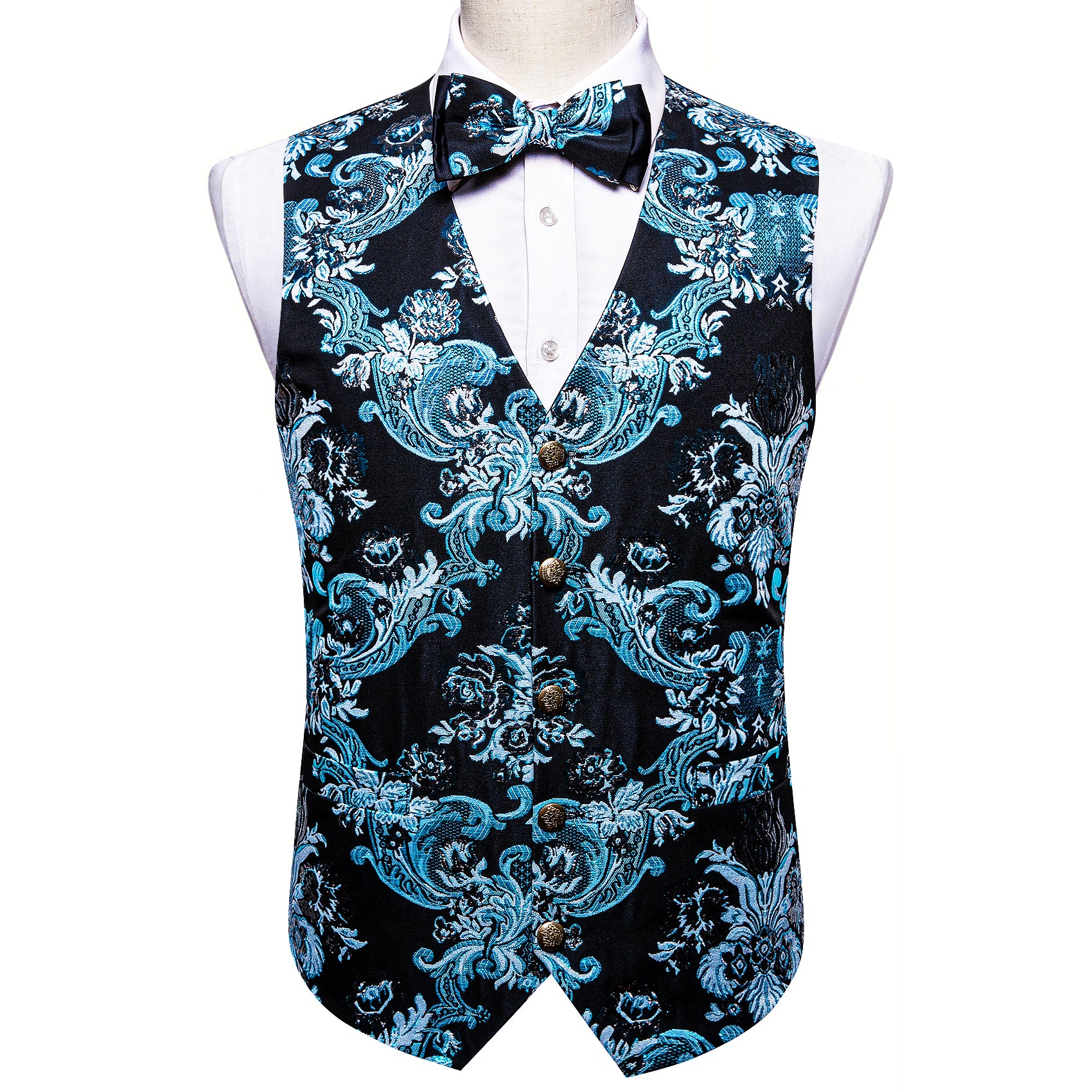 Blue Black Paisley Silk Vest Bowtie Pocket Square Cufflinks Set