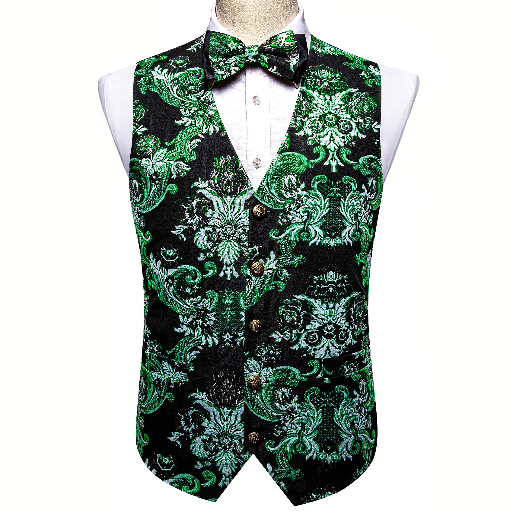 Green Black Paisley Silk Vest Bowtie Set