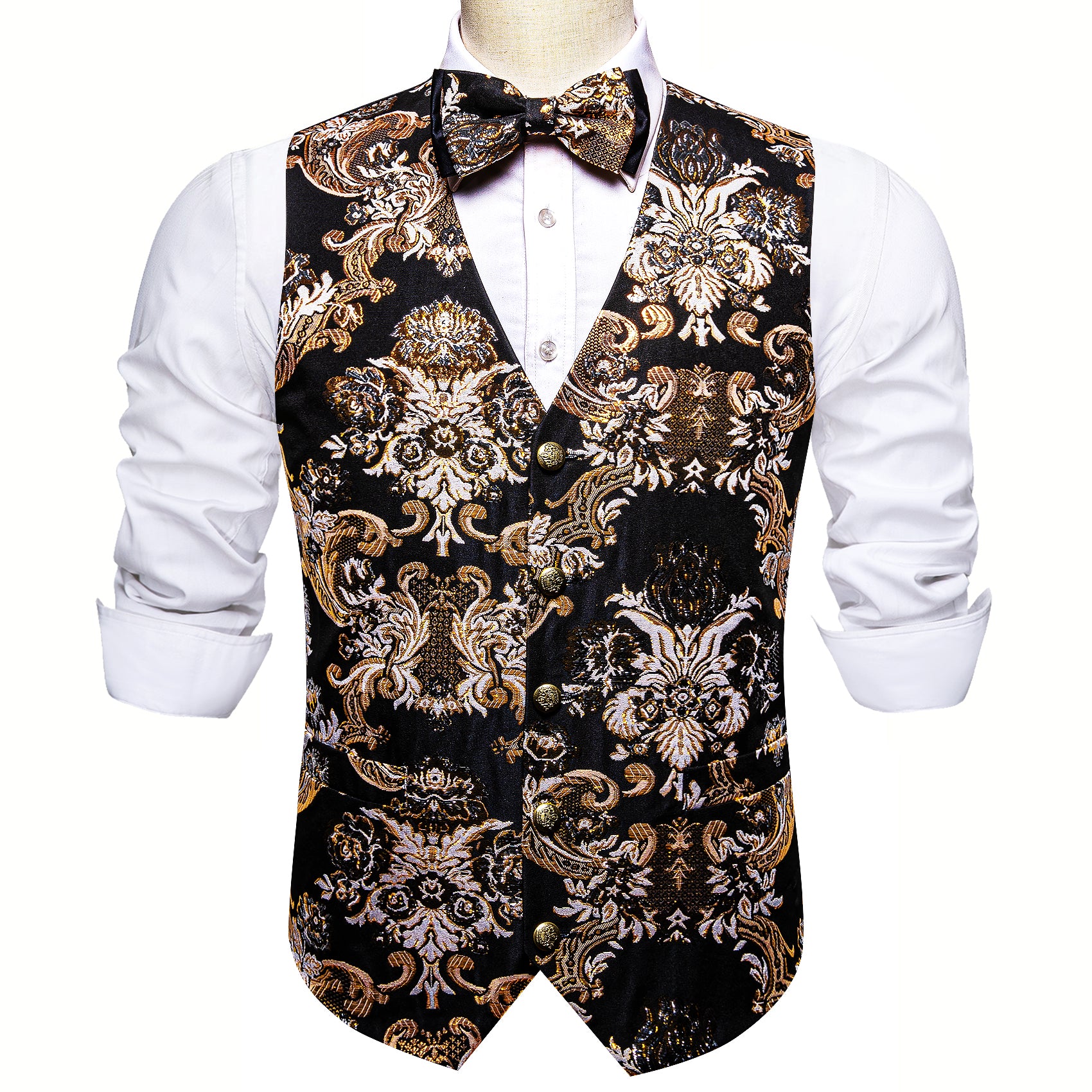 Gold Black Paisley Silk Vest Bowtie Cufflinks Set