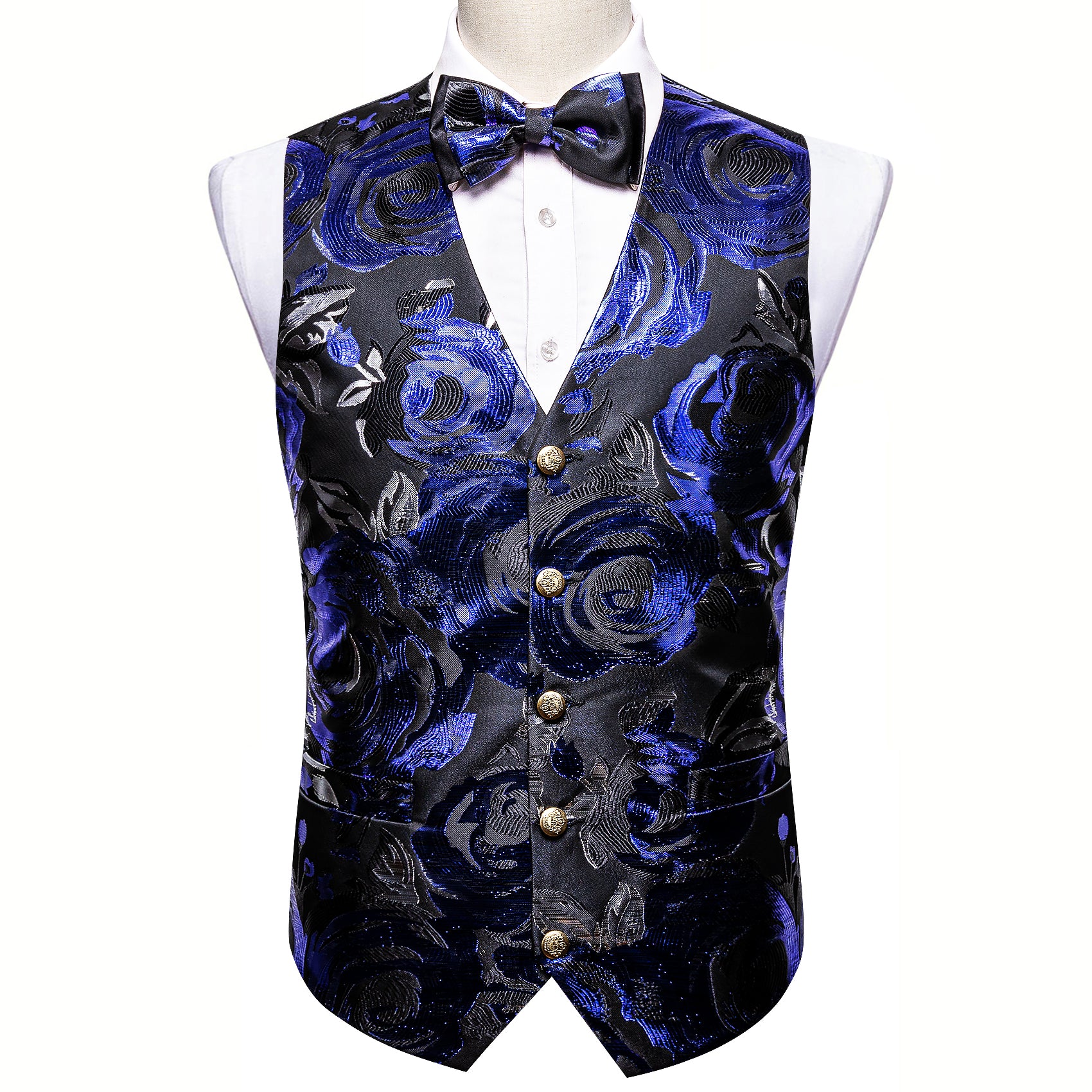 Blue Black Paisley Silk Vest Bowtie Set