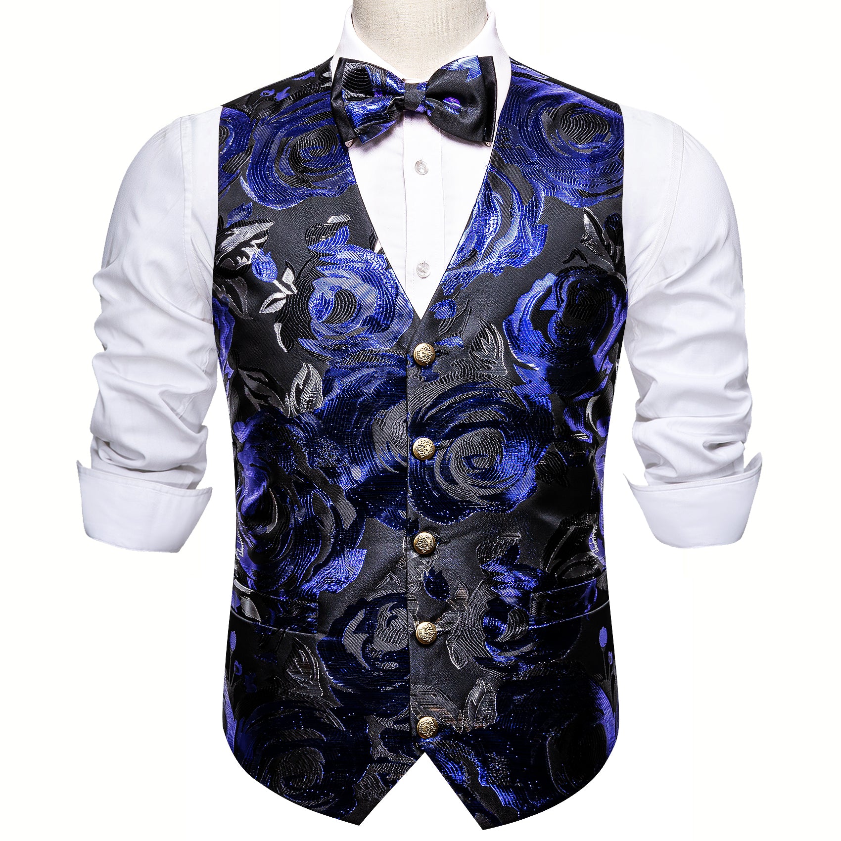Blue Black Paisley Silk Vest Bowtie Set