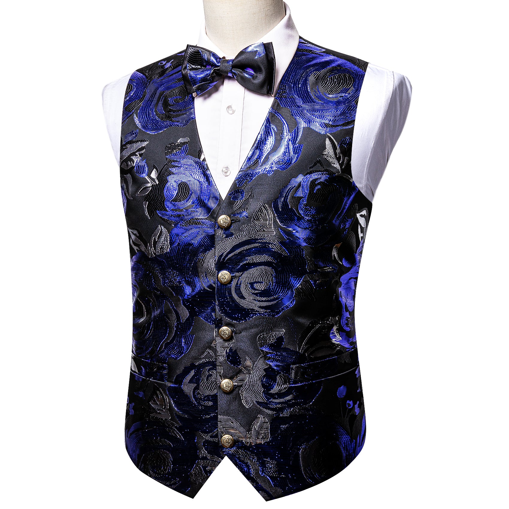 Blue Black Paisley Silk Vest Bowtie Pocket Square Cufflinks Set