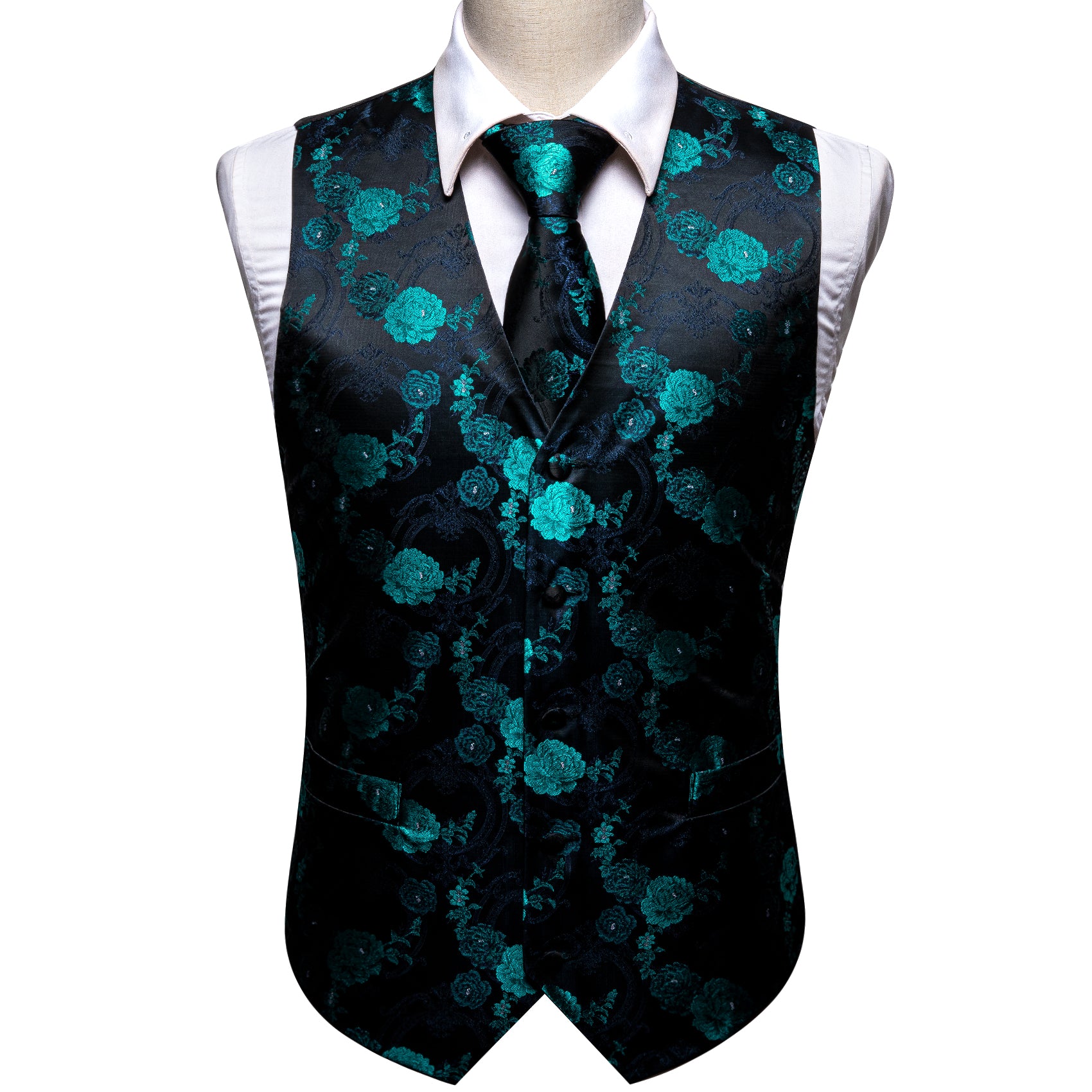 Black Blue Flower Silk V Neck Vest Tie Pocket Square Cufflinks Set