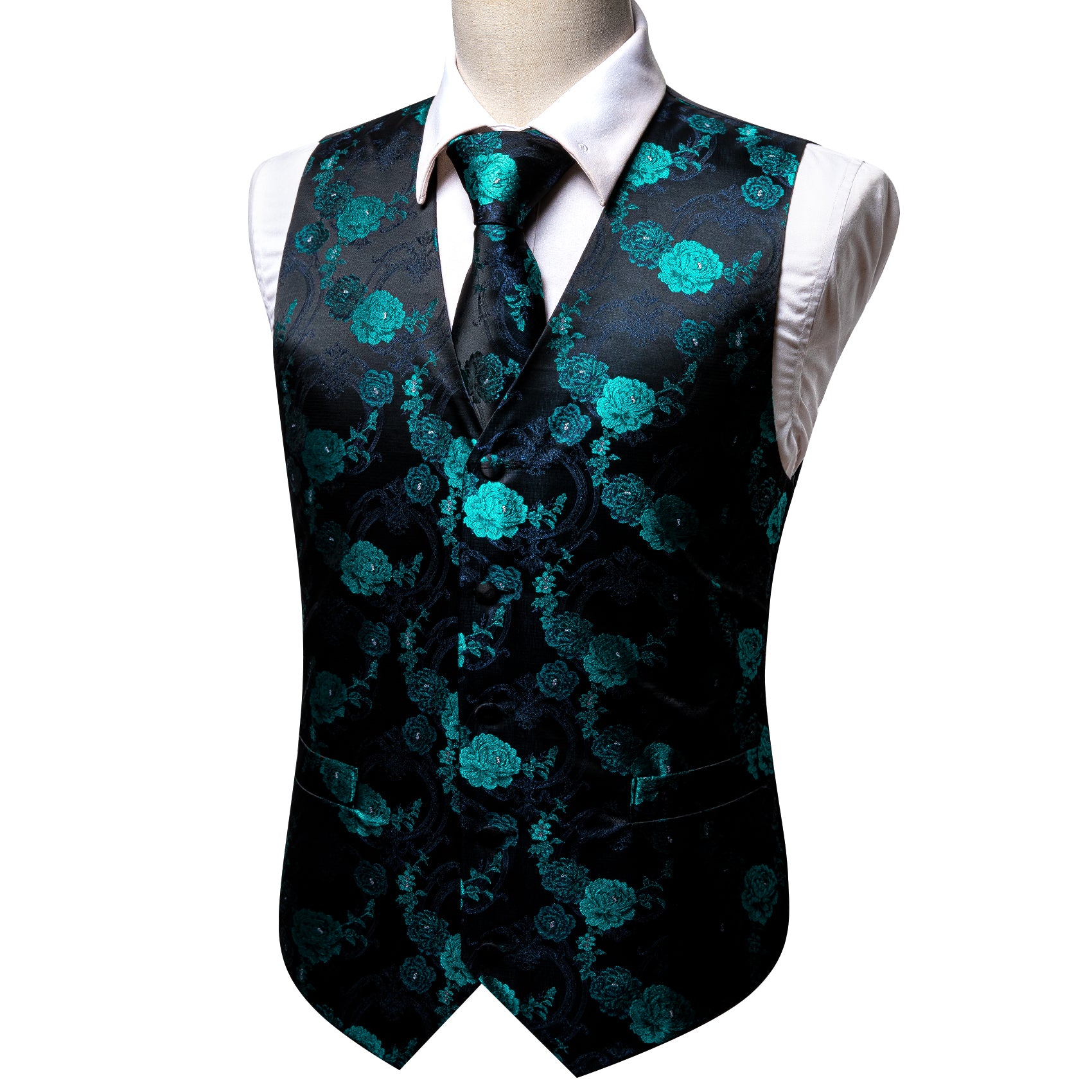 Black Blue Flower Silk V Neck Vest Tie Pocket Square Cufflinks Set
