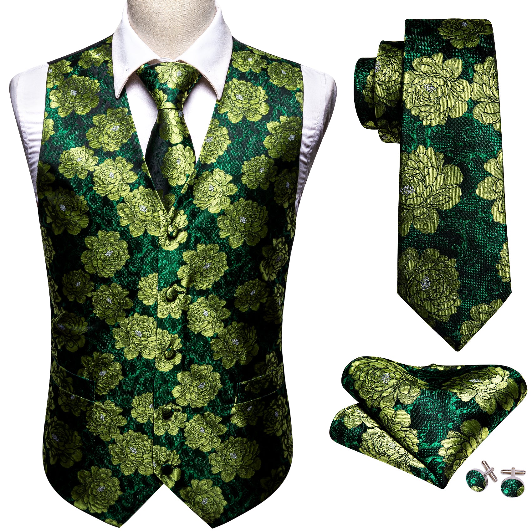 Green Flower Silk V Neck Vest Tie Pocket Square Cufflinks Set