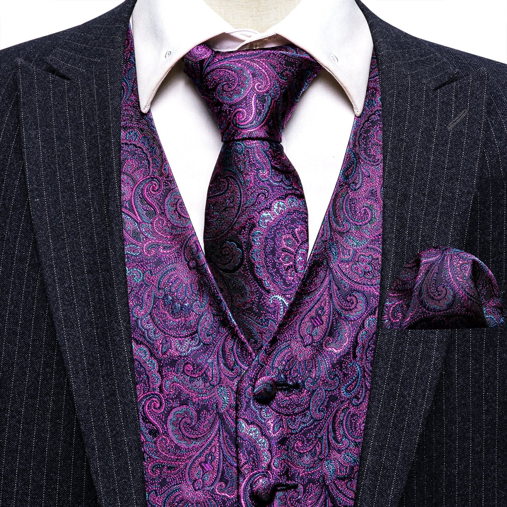 Purple Blue Paisley Silk V Neck Vest Tie Pocket Square Cufflinks Set