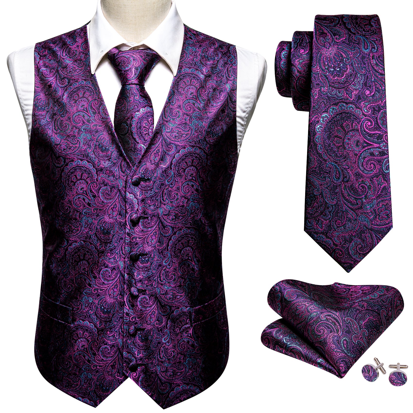 Purple Blue Paisley Silk V Neck Vest Tie Pocket Square Cufflinks Set