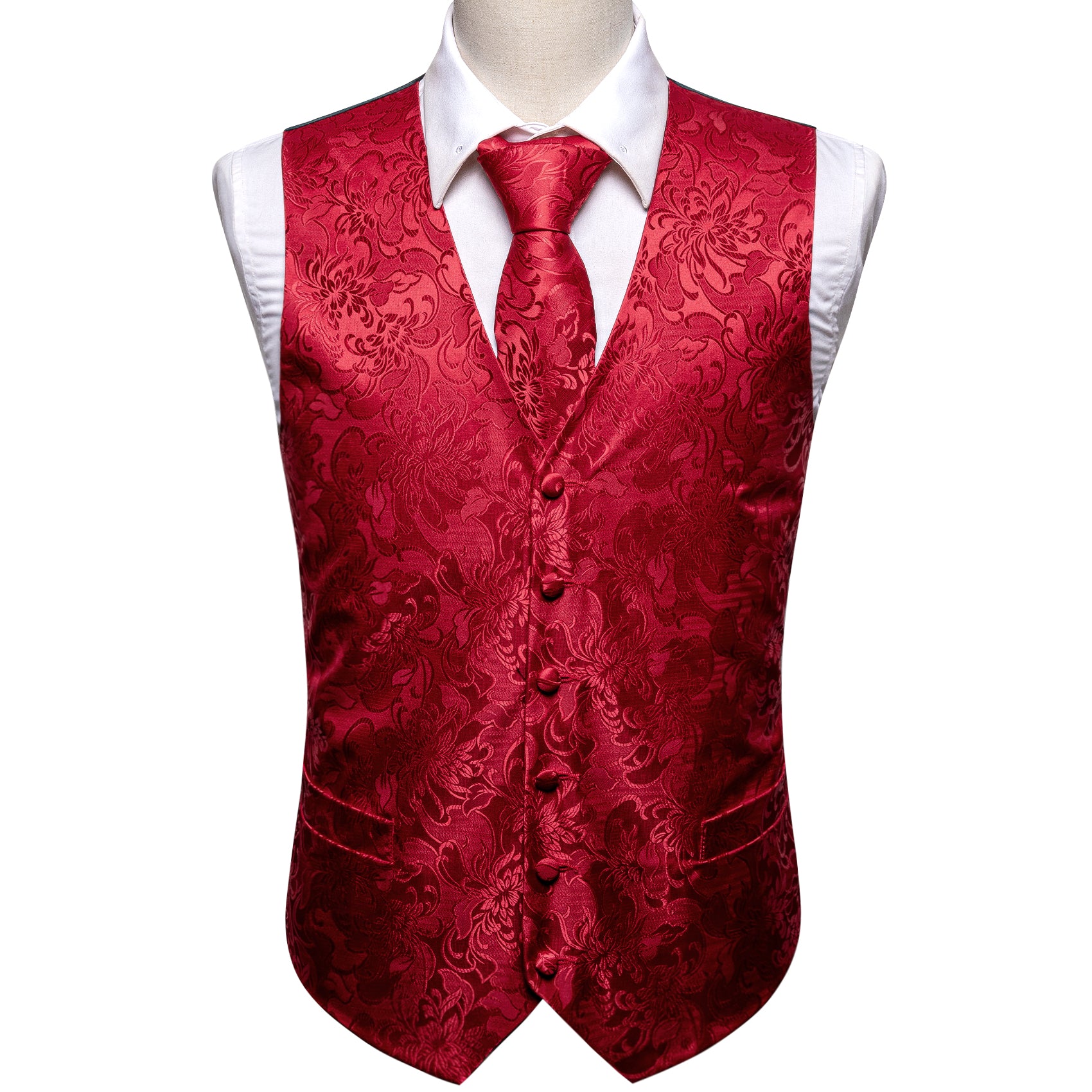Red Paisley Silk V Neck Vest Tie Pocket Square Cufflinks Set