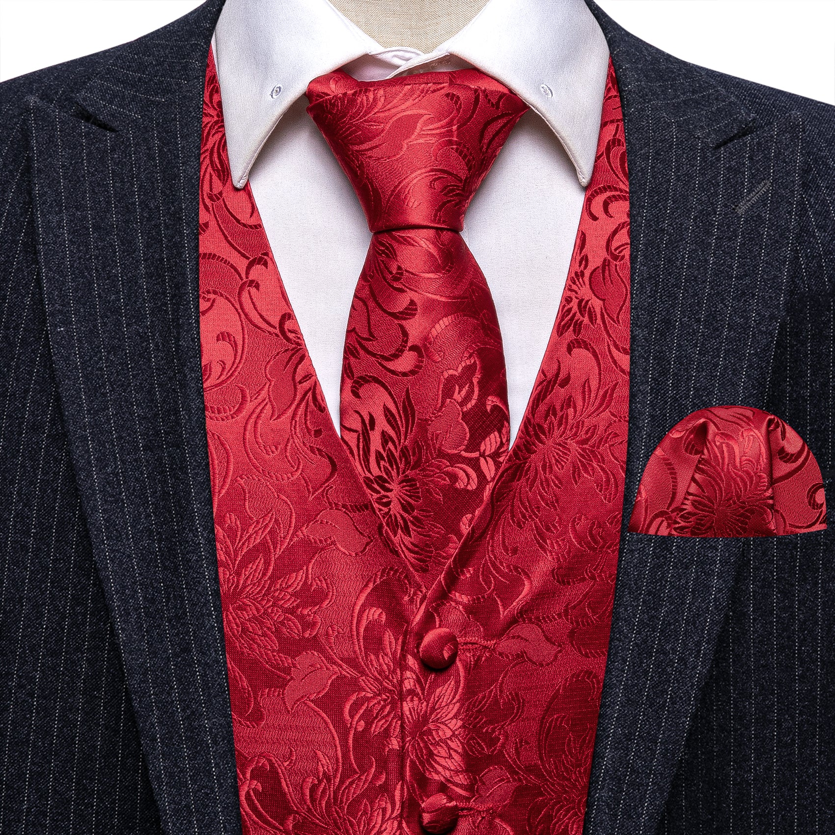 Red Paisley Silk V Neck Vest Tie Pocket Square Cufflinks Set