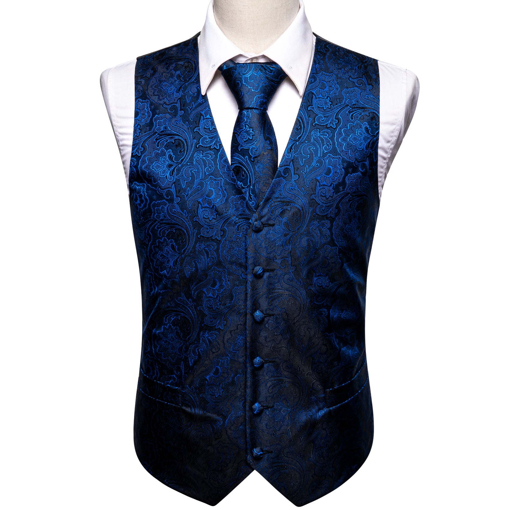 Blue Black Paisley Silk V Neck Vest Tie Pocket Square Cufflinks Set