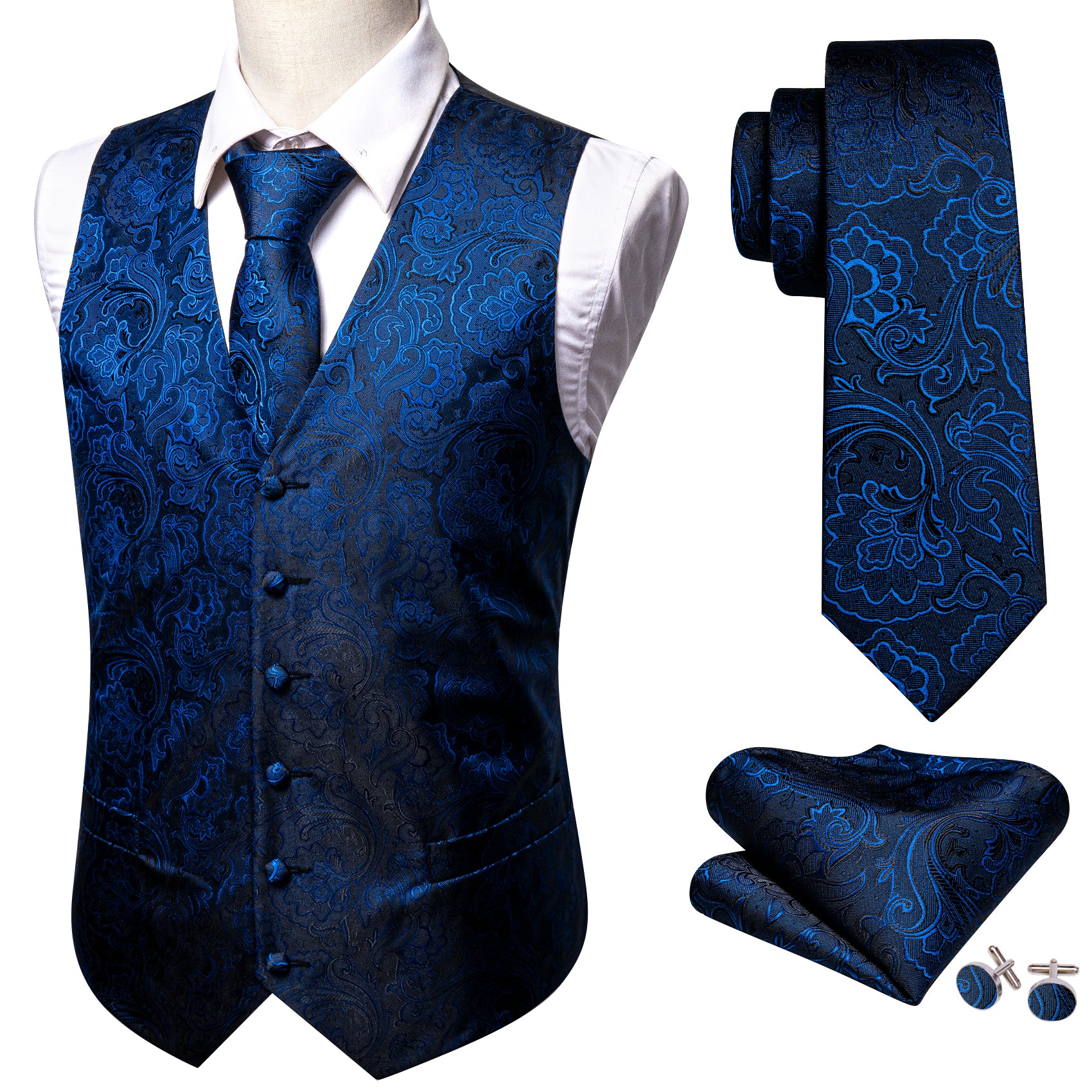 Blue Black Paisley Silk V Neck Vest Tie Pocket Square Cufflinks Set