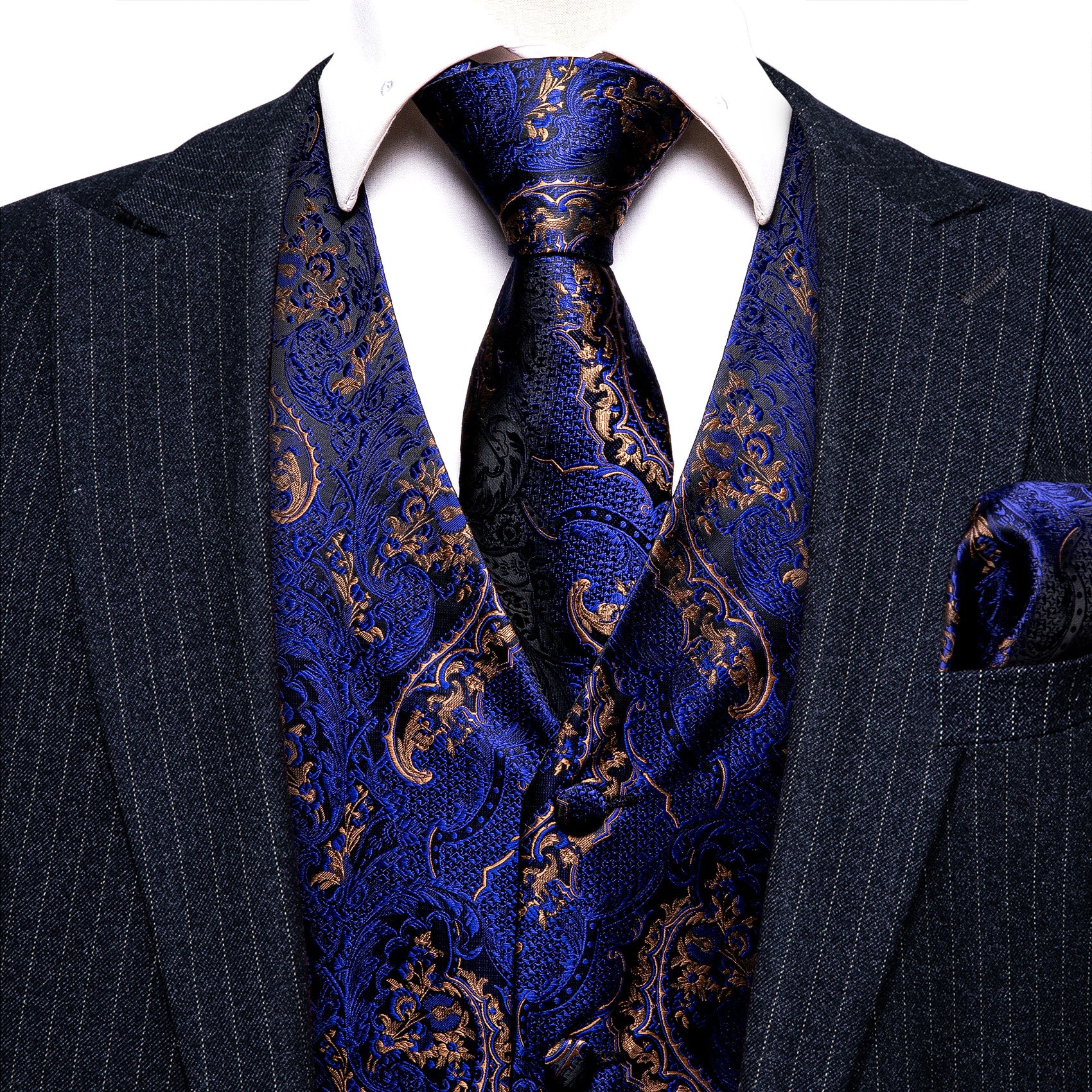 New Blue Gold Paisley Silk V Neck Vest Tie Pocket Square Cufflinks Set