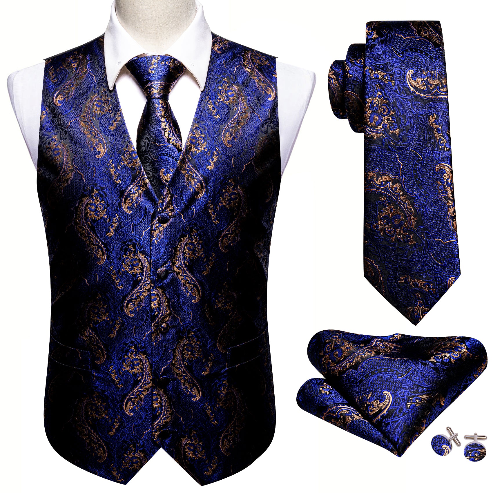 New Blue Gold Paisley Silk V Neck Vest Tie Pocket Square Cufflinks Set