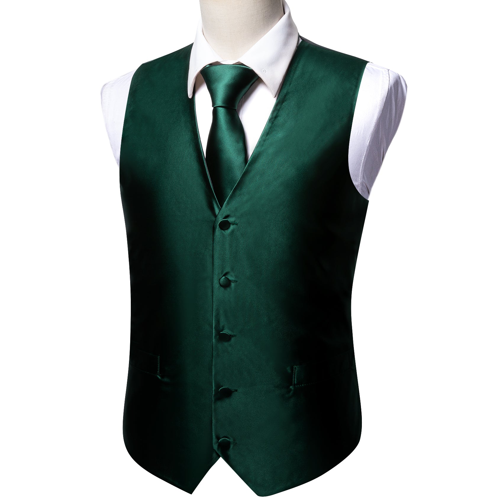 Fashion Green Solid Silk V Neck Vest Tie Pocket Square Cufflinks Set