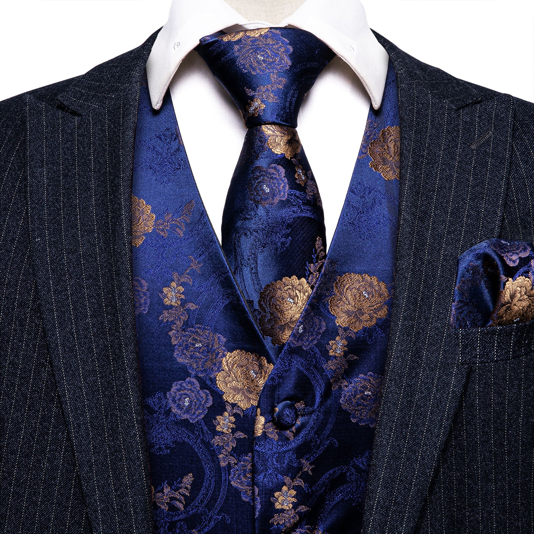 Shining Blue Gold Flower Silk V Neck Vest Tie Pocket Square Cufflinks Set