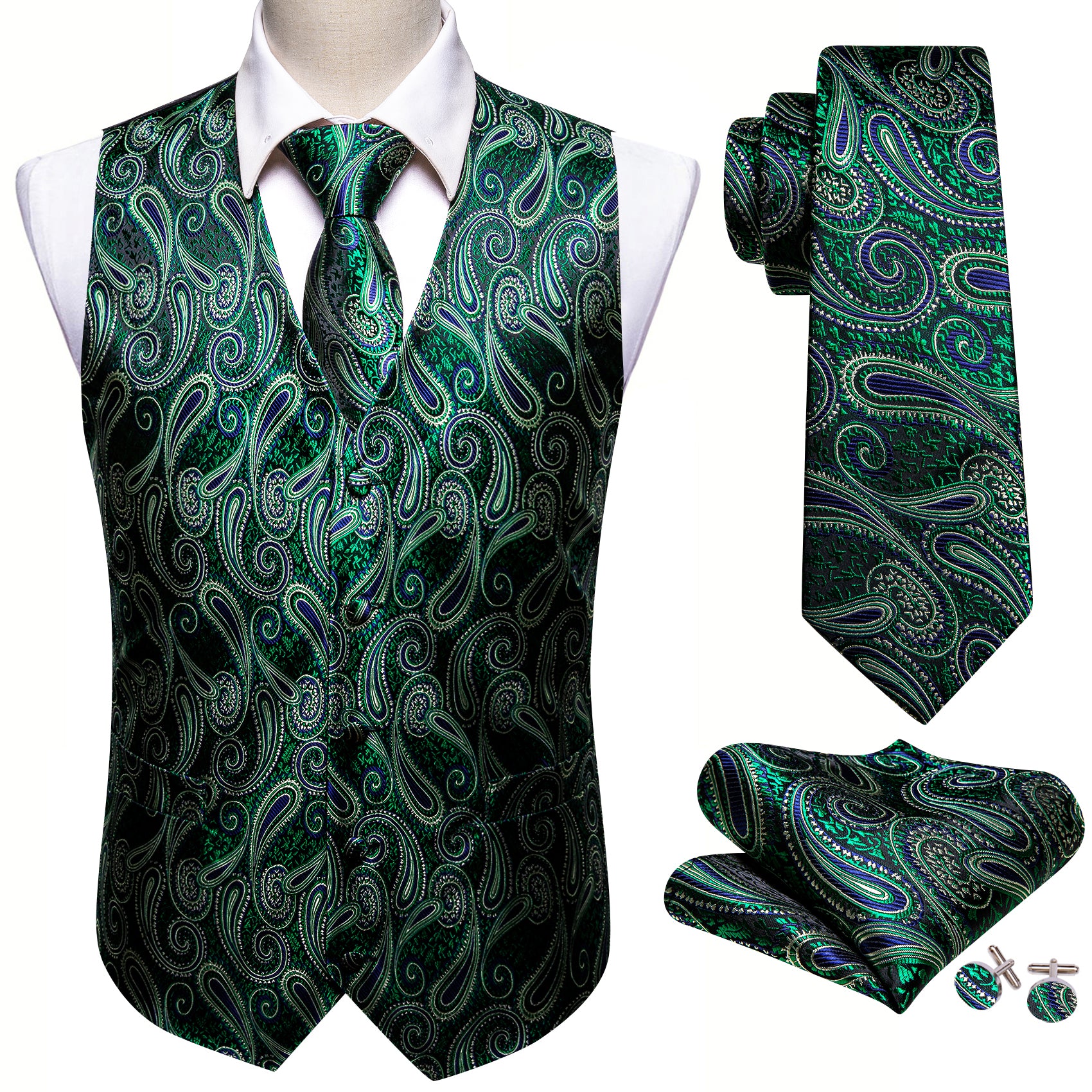 Luxury Green Blue Paisley Silk V Neck Vest Tie Pocket Square Cufflinks Set