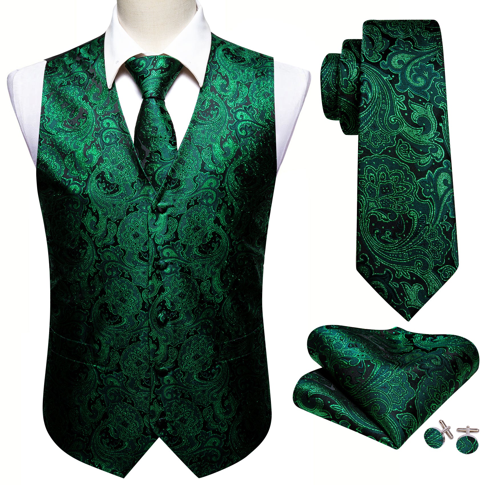 Barry. Wang Emerald Green Vest Suit Silk Paisley Dress Vest Necktie Ha