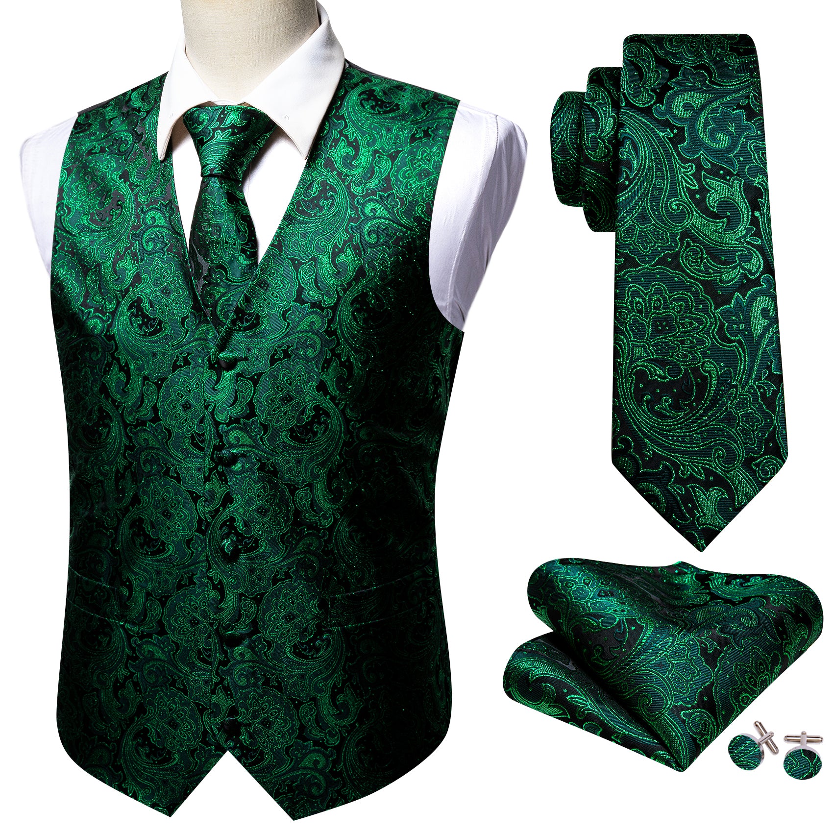Luxury Green Paisley Silk V Neck Vest Tie Pocket Square Cufflinks Set