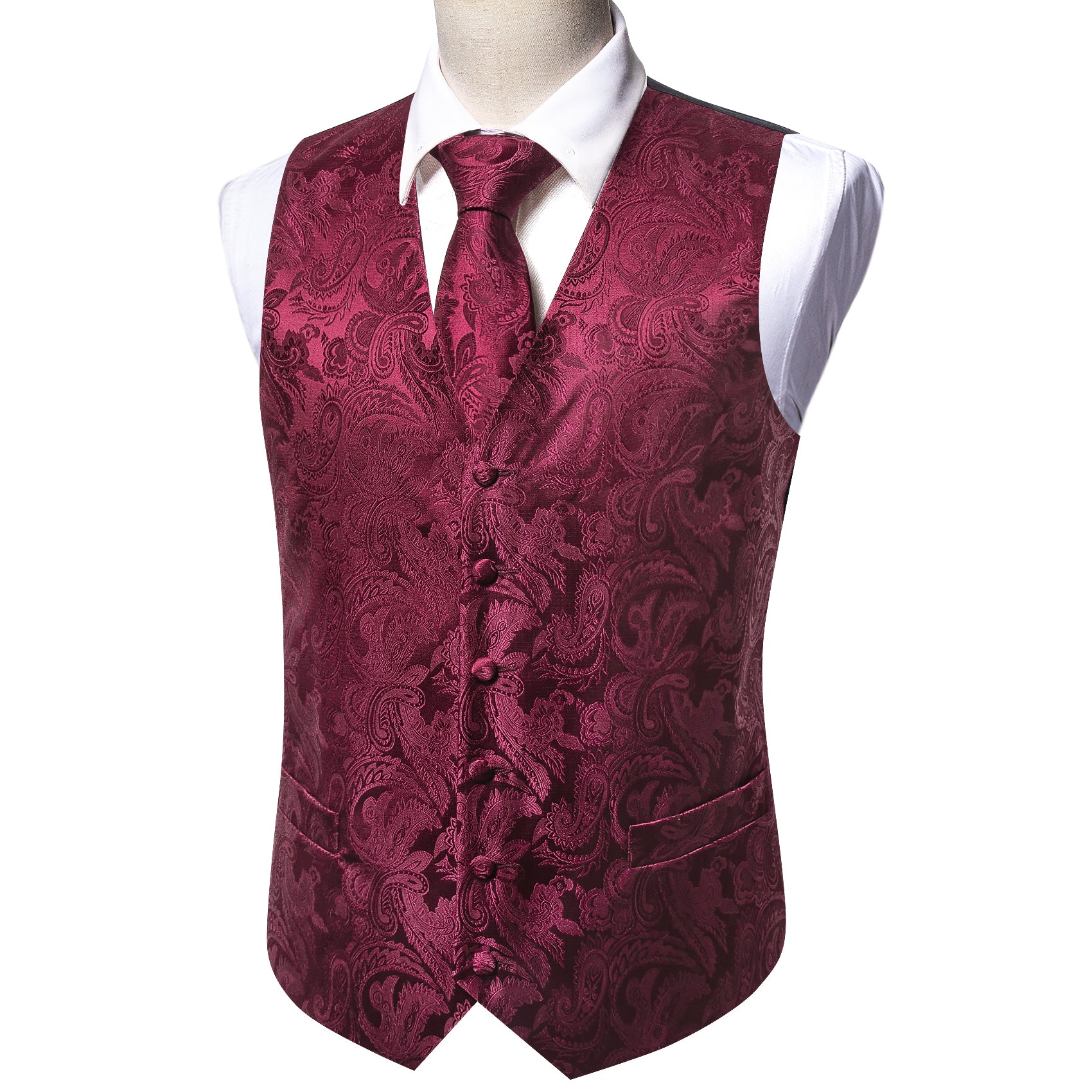 Luxury Red Paisley Silk Vest Tie Pocket Square Cufflinks Set