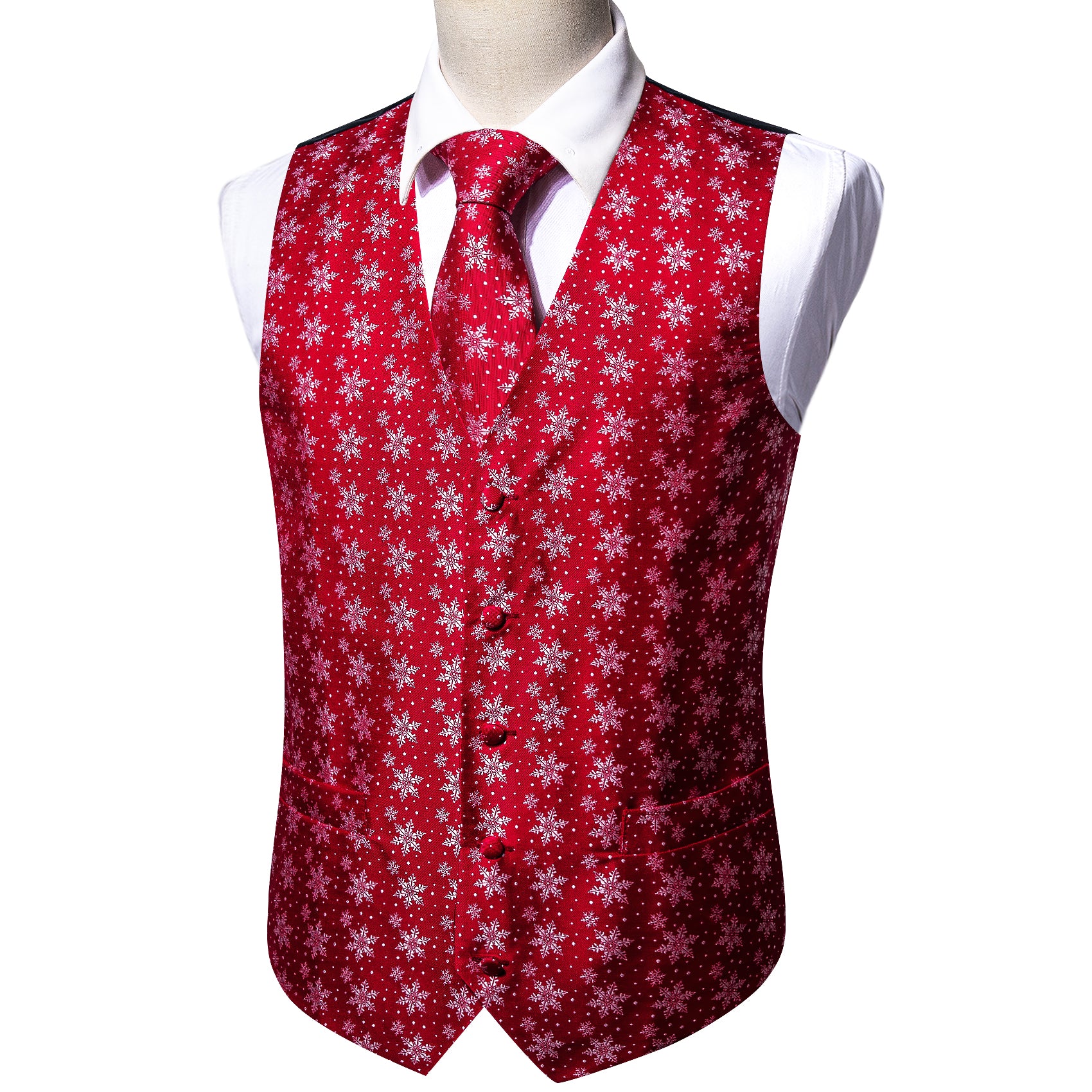 Christmas Men's Red White Snowflake Silk Tie Hanky Cufflinks Waistcoat Vest Set
