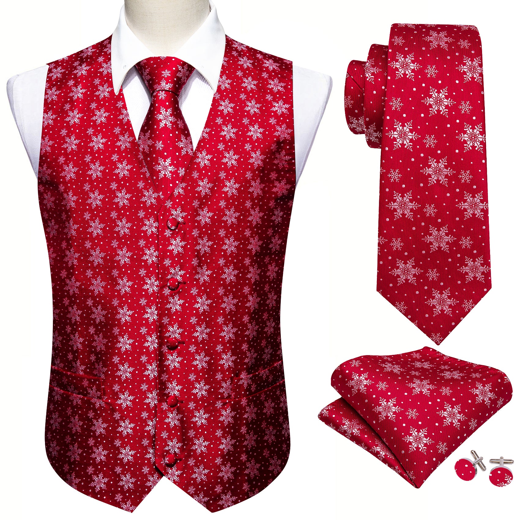 Christmas Men's Red White Snowflake Silk Tie Hanky Cufflinks Waistcoat Vest Set