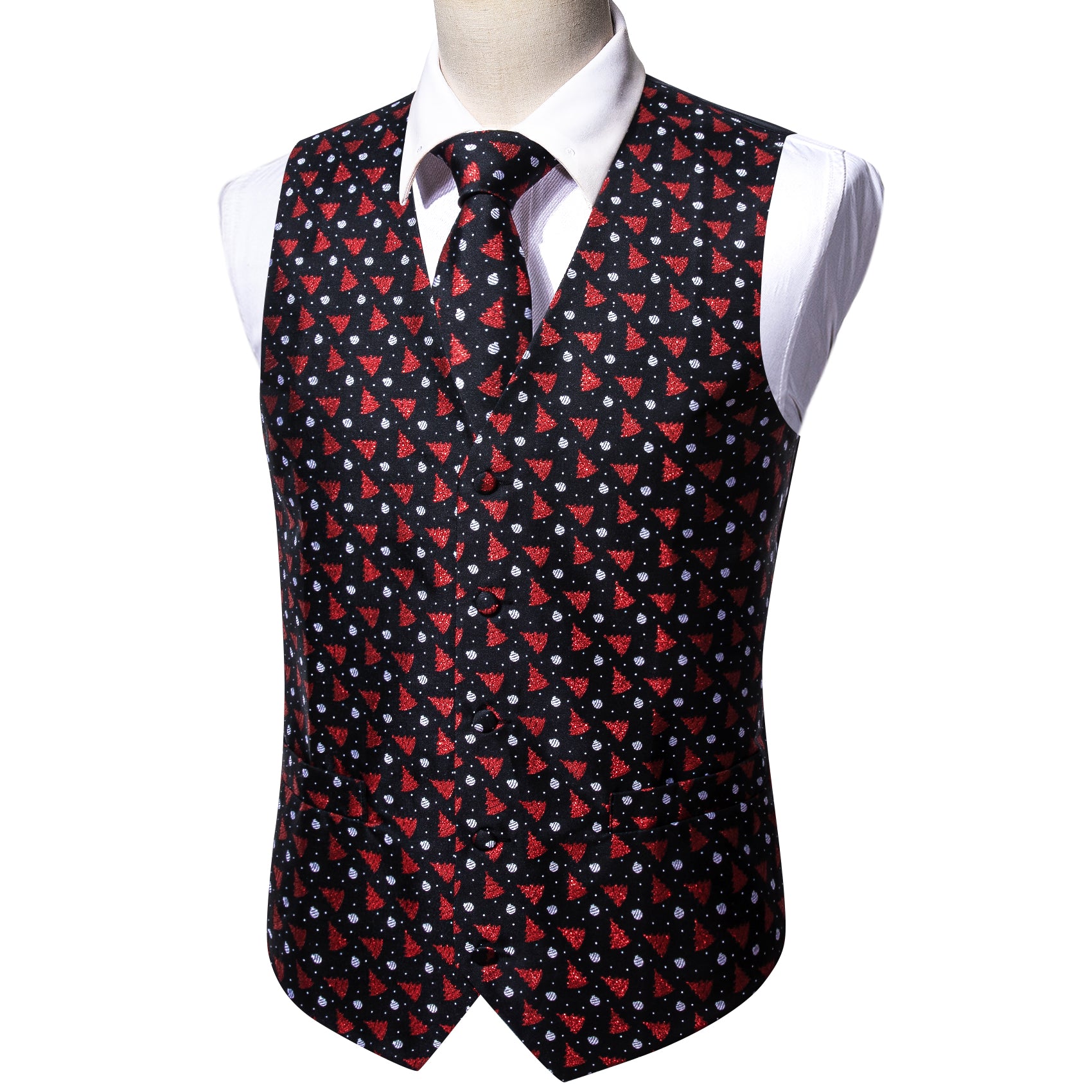 Men's Black Red Christmas Tree Silk Tie Hanky Cufflinks Waistcoat Vest Set