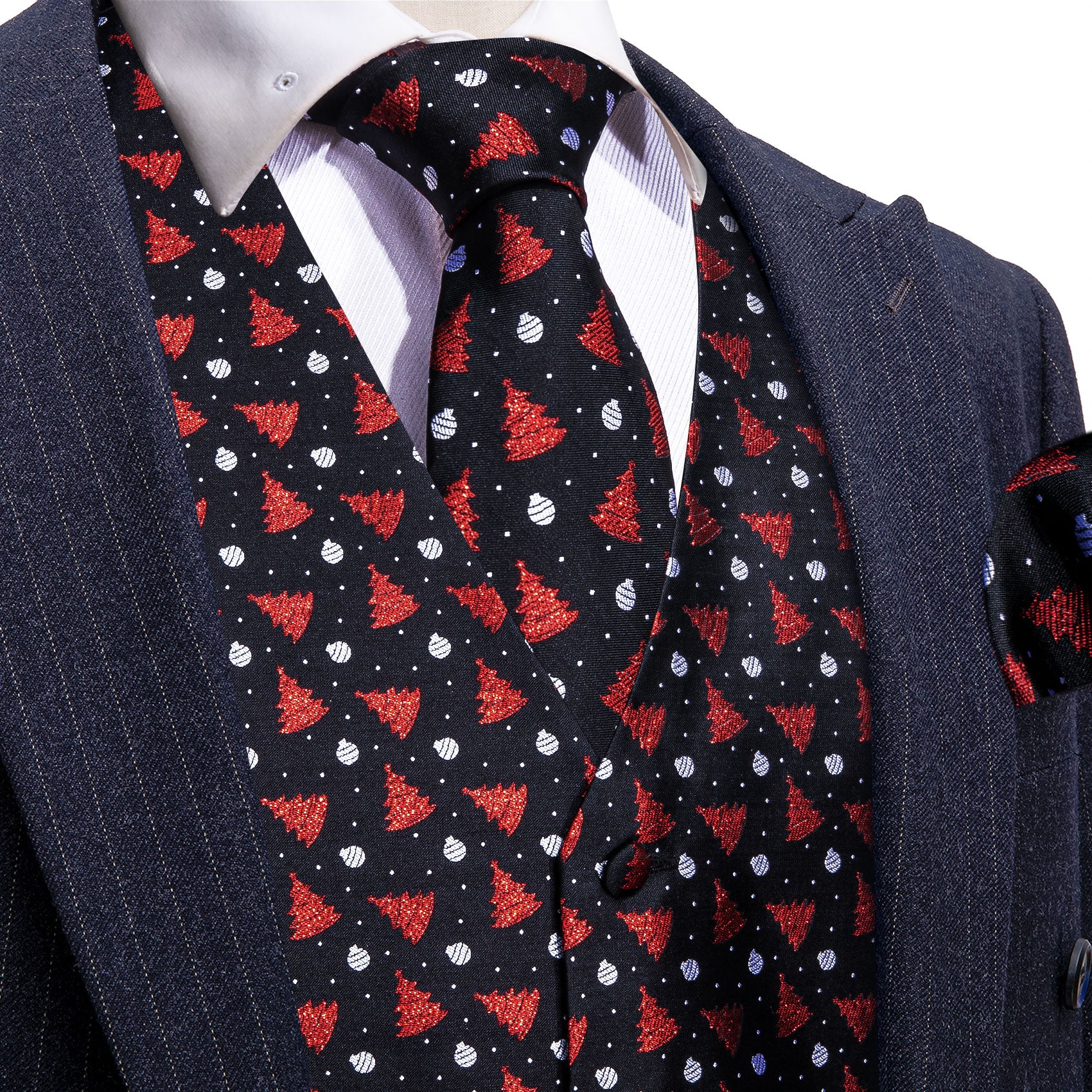Men's Black Red Christmas Tree Silk Tie Hanky Cufflinks Waistcoat Vest Set
