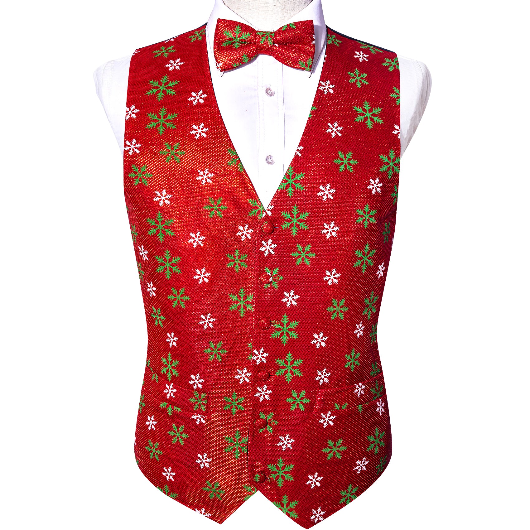 Christmas Men's Red Green Snowflake Silk Bowtie V-Neck Waistcoat Vest Set
