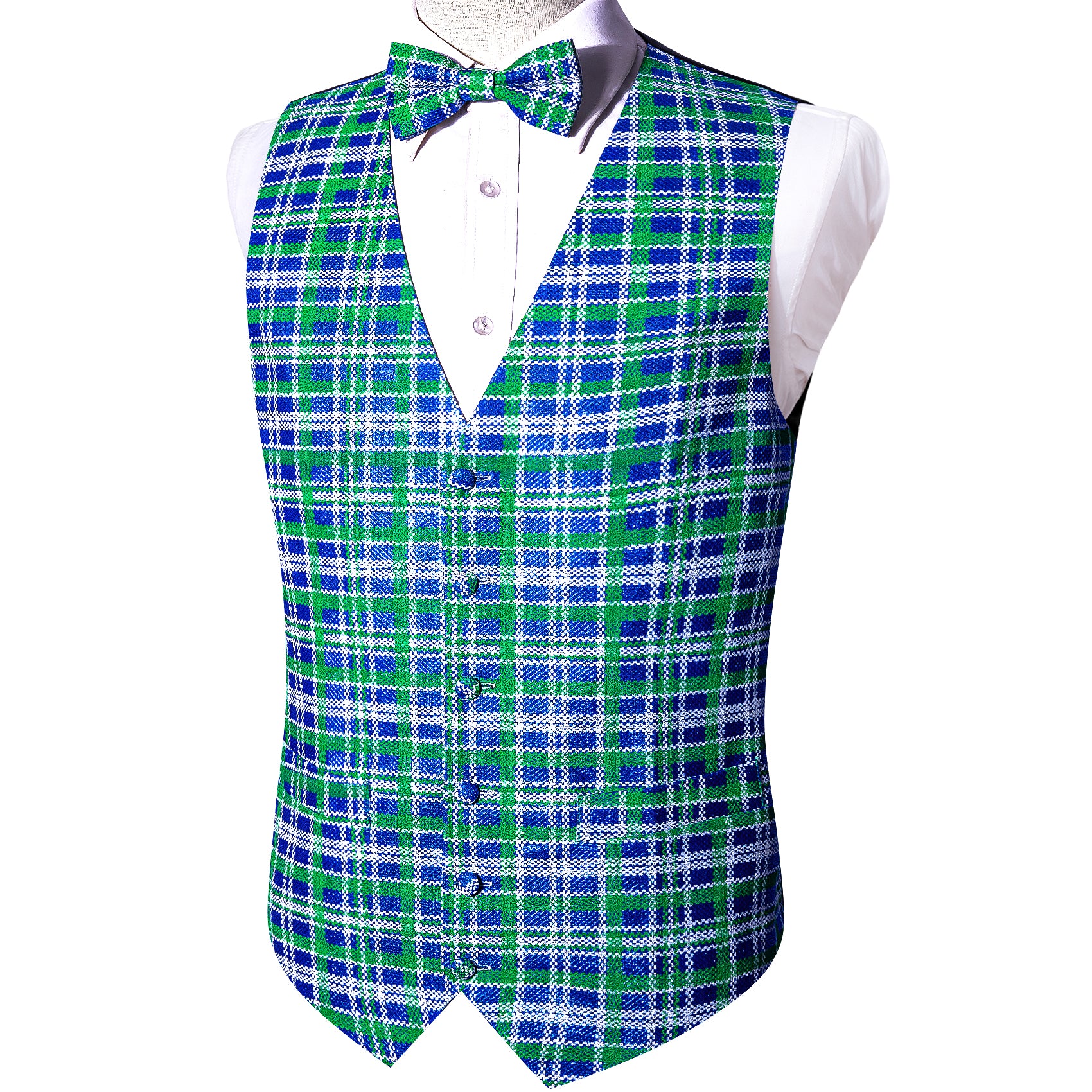 Christmas Men's Blue Green Plaid Silk Bowtie V-Neck Waistcoat Vest Set
